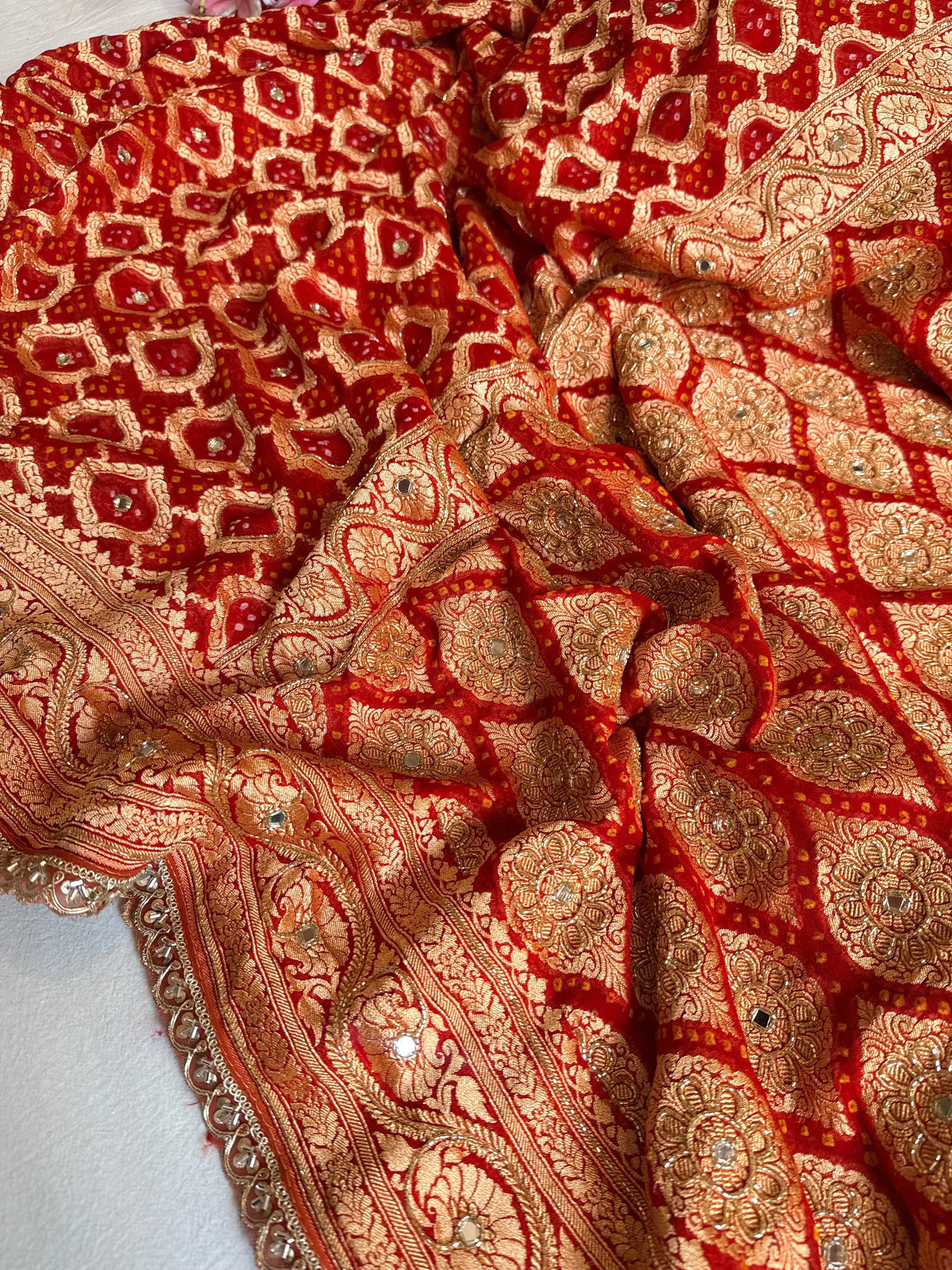 Banarasi chiffon gorgette rai bandhej kadhwa weaving hand embroidered saree