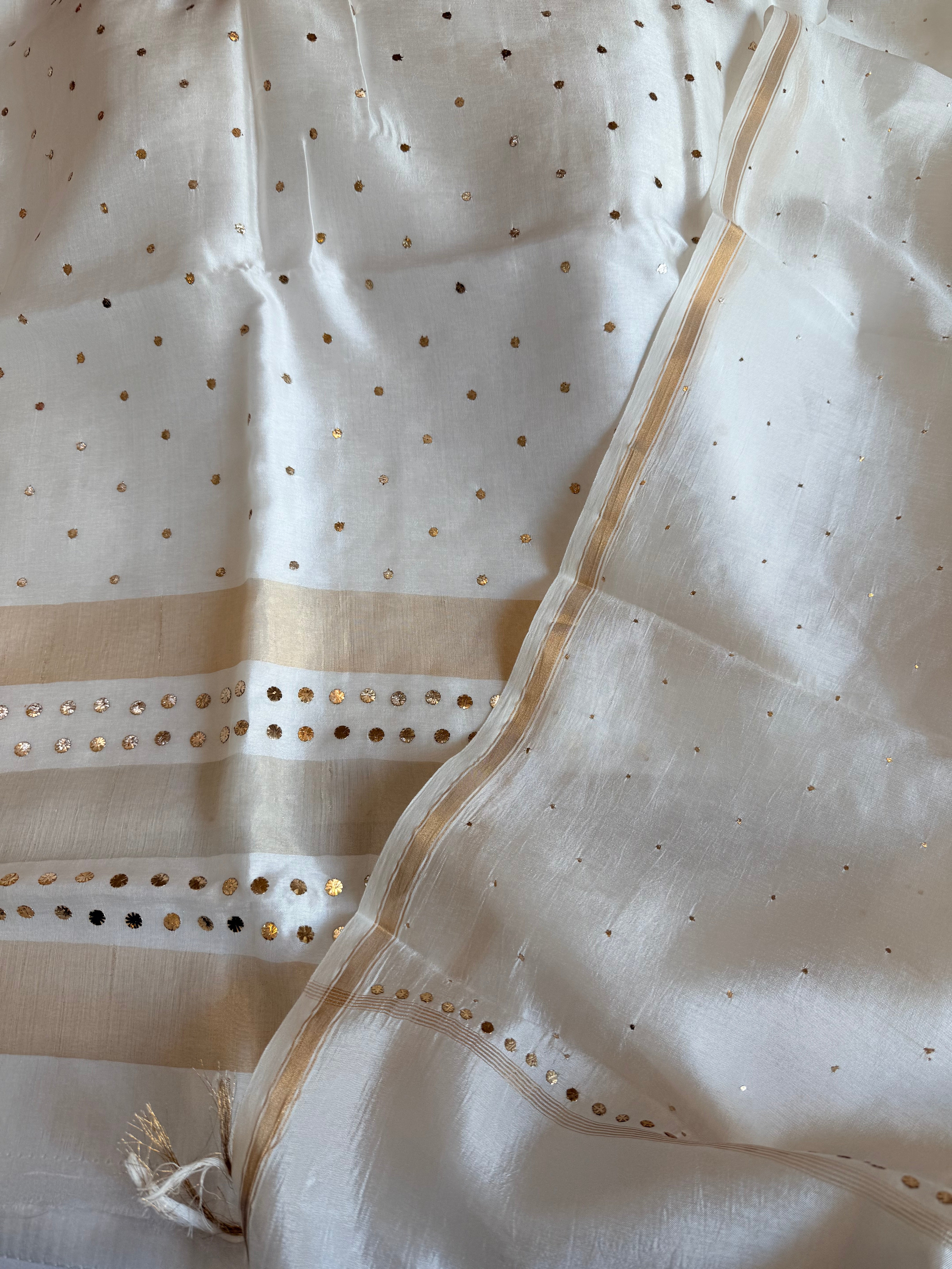 Pearl white spun chiniya silk mukaish hand embroidered suit sets