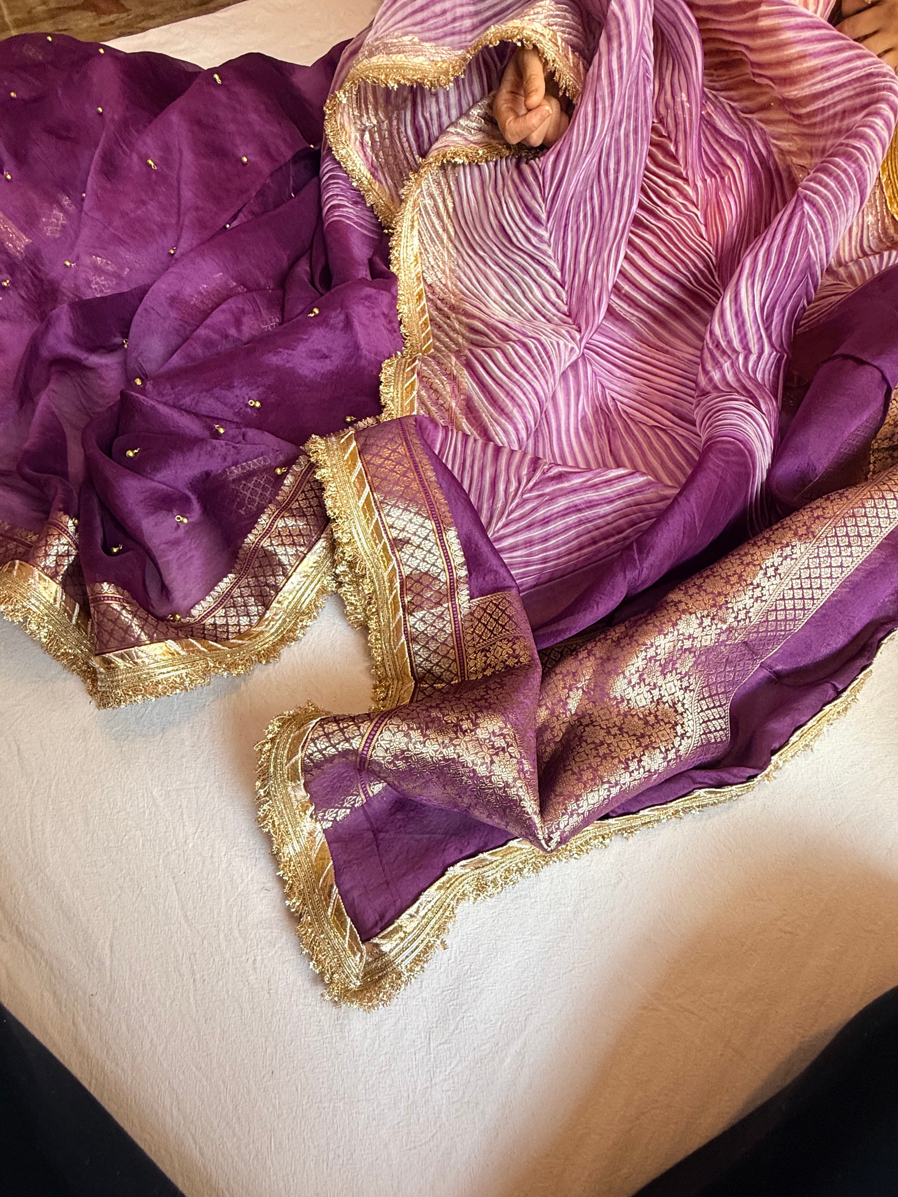 Arshi dye ghungro work kora silk banarasi kadhwa weaving saree