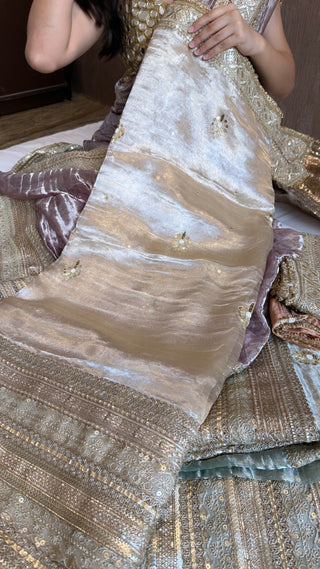 Lehenga style saree edit - Champagne gold diamond tissue silk tilli work gotapatti skirt border saree