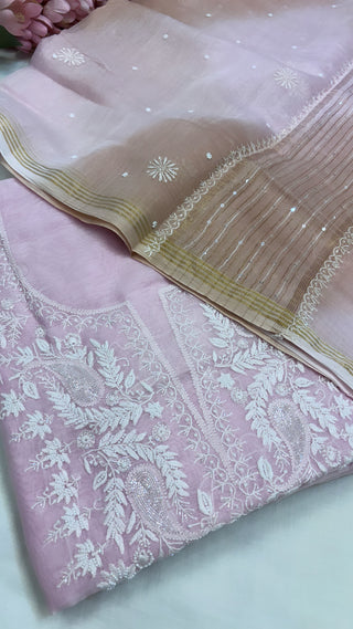 Pure Banarasi soft pink handloom premium cotton kadhwa lucknowi chikankari hand embroidered suit set with intricately hand embroidered motifs and ombre shaded duppata set