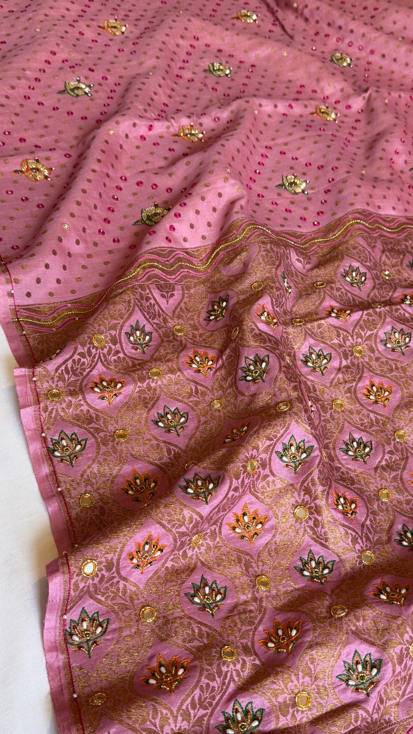 Strawberry pink moonga tussar antique zari hand embroidered kadhwa saree