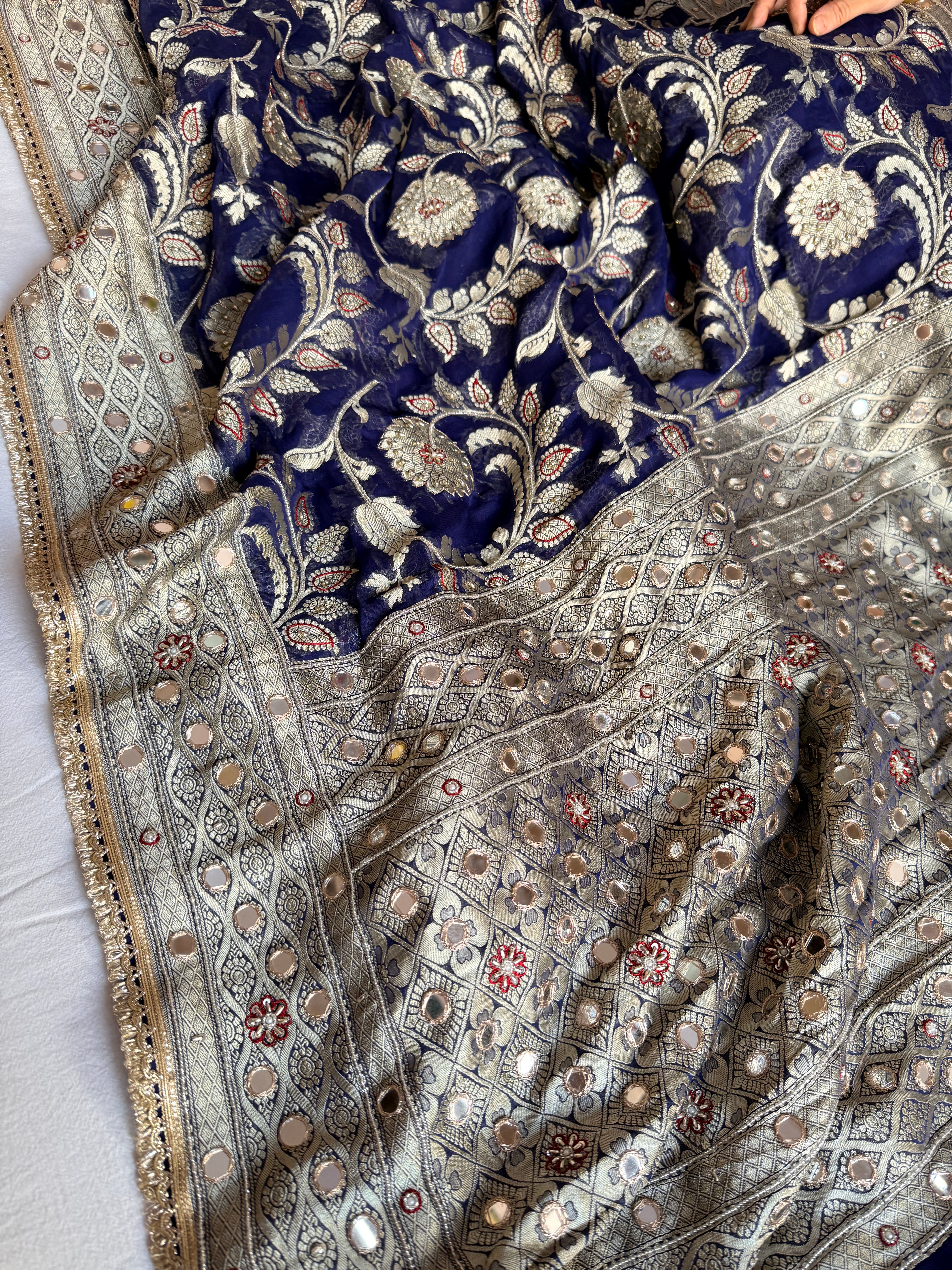 Banarasi chiffon gorgette kadhwa weaving hand embroidered saree