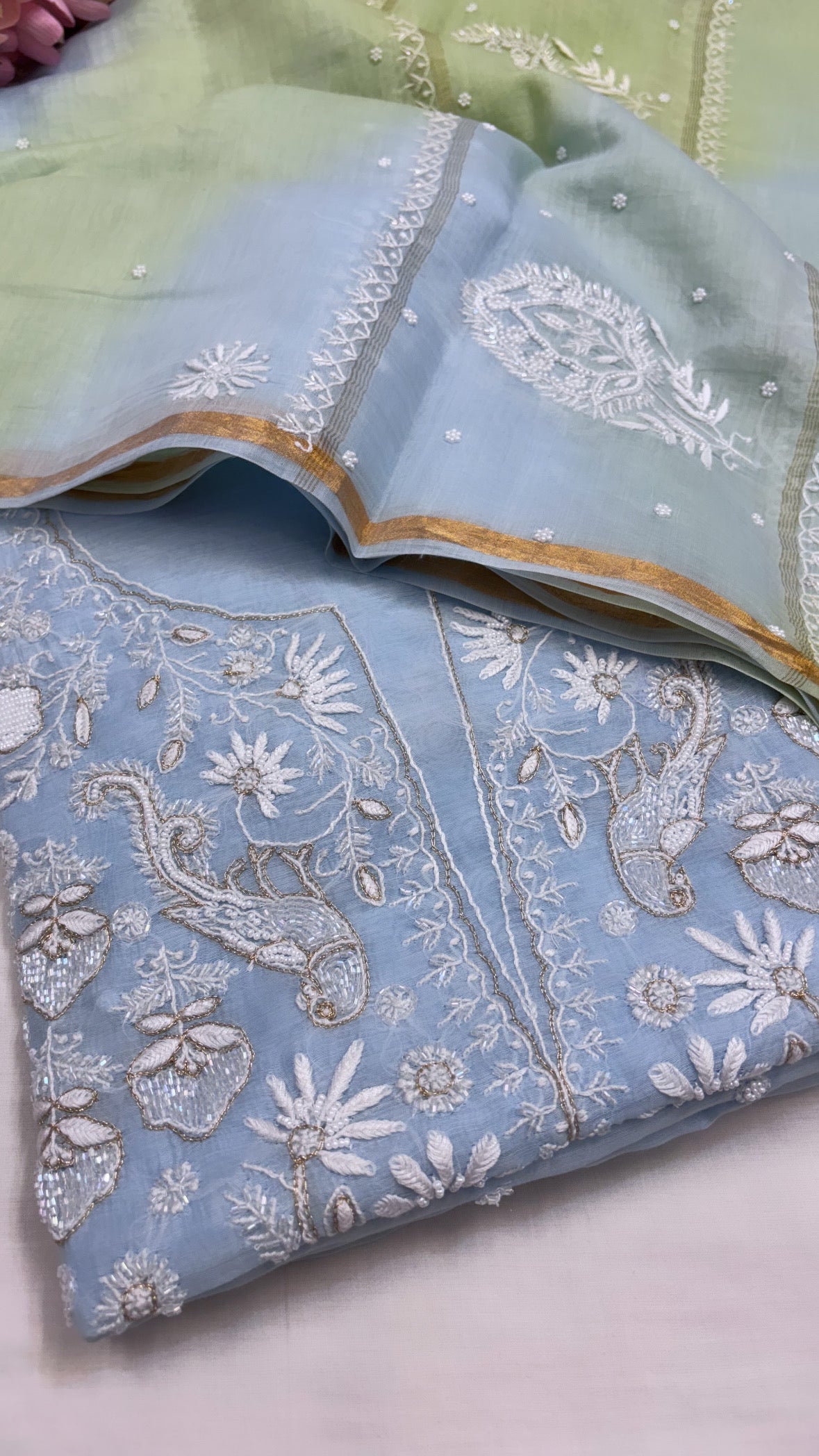 Pure Banarasi ice blue handloom premium cotton kadhwa lucknowi chikankari hand embroidered suit set with intricately hand embroidered motifs and ombre shaded duppata set