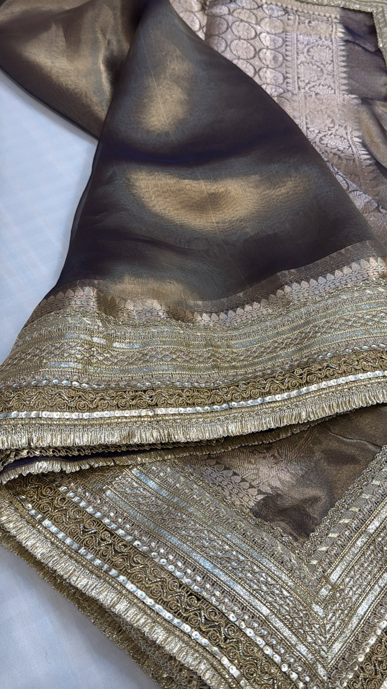 Maharani english mouse grey tissue silk kadhwa gotapatti saree