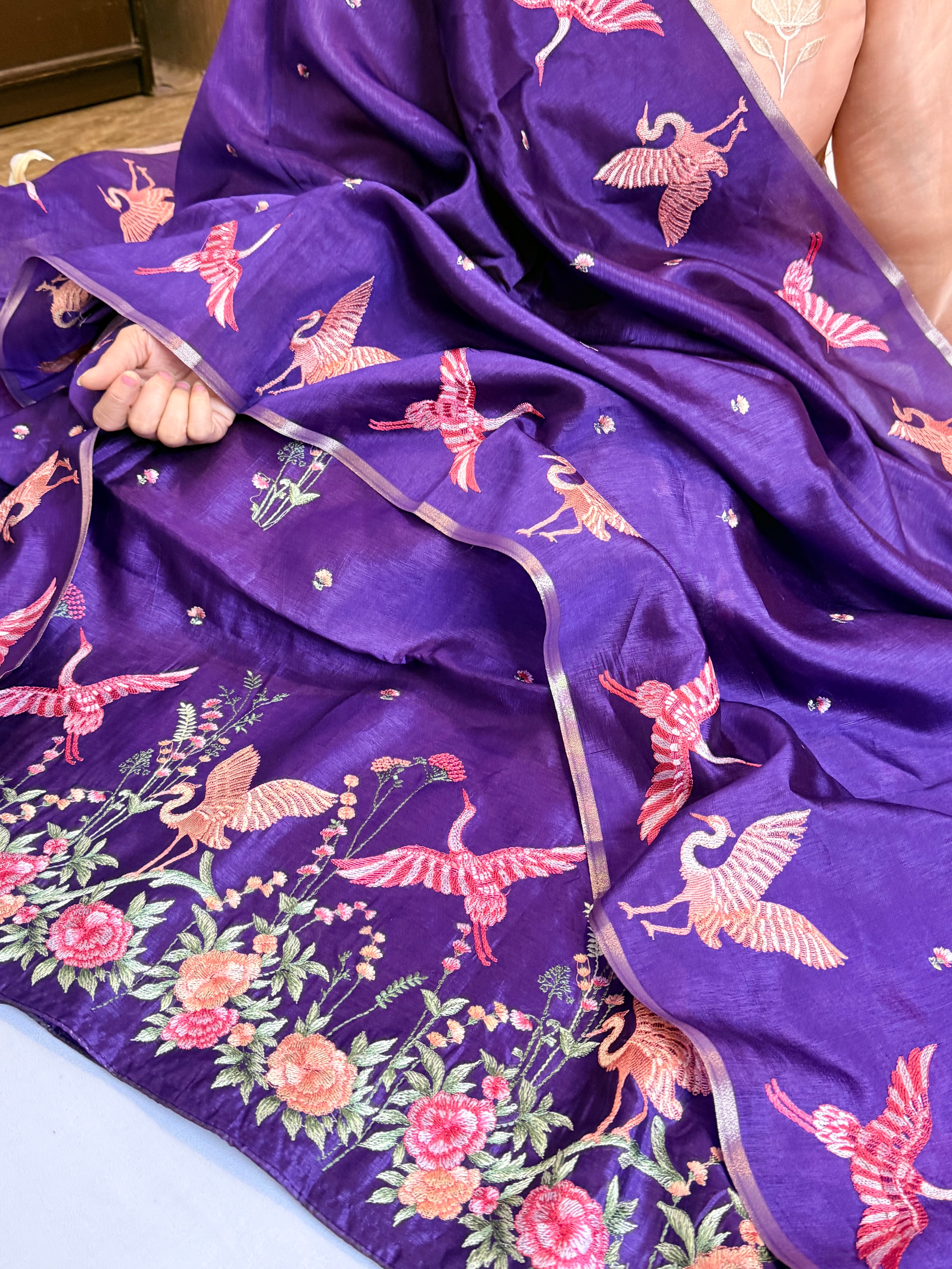 BELOW 8K - Parsi gara purple resham work banarasi chiniya silk kadhwa suit sets