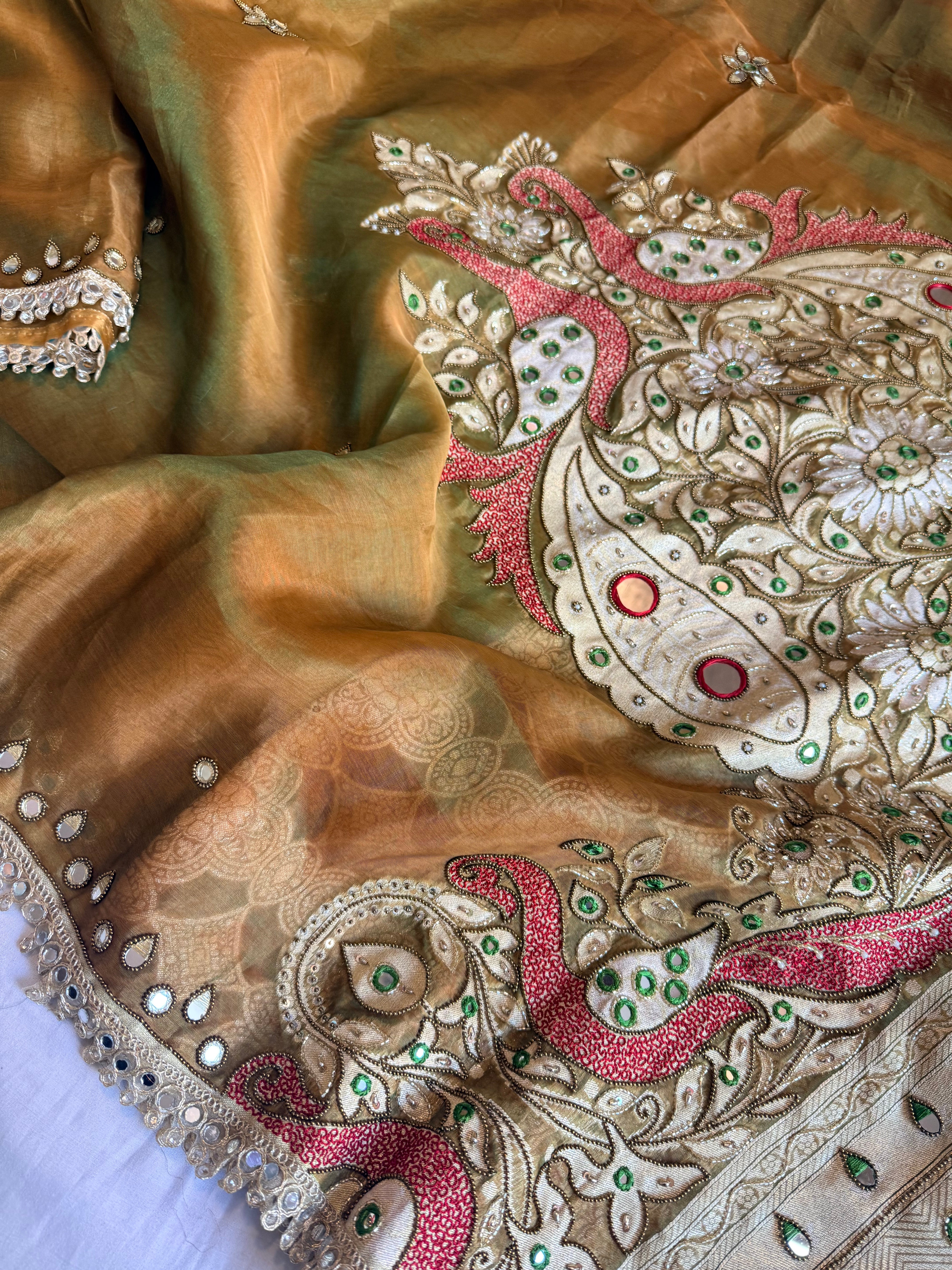 Dhup chao effect tissue silk mirrorwork hand embroidered Paithani pallu kadhwa saree