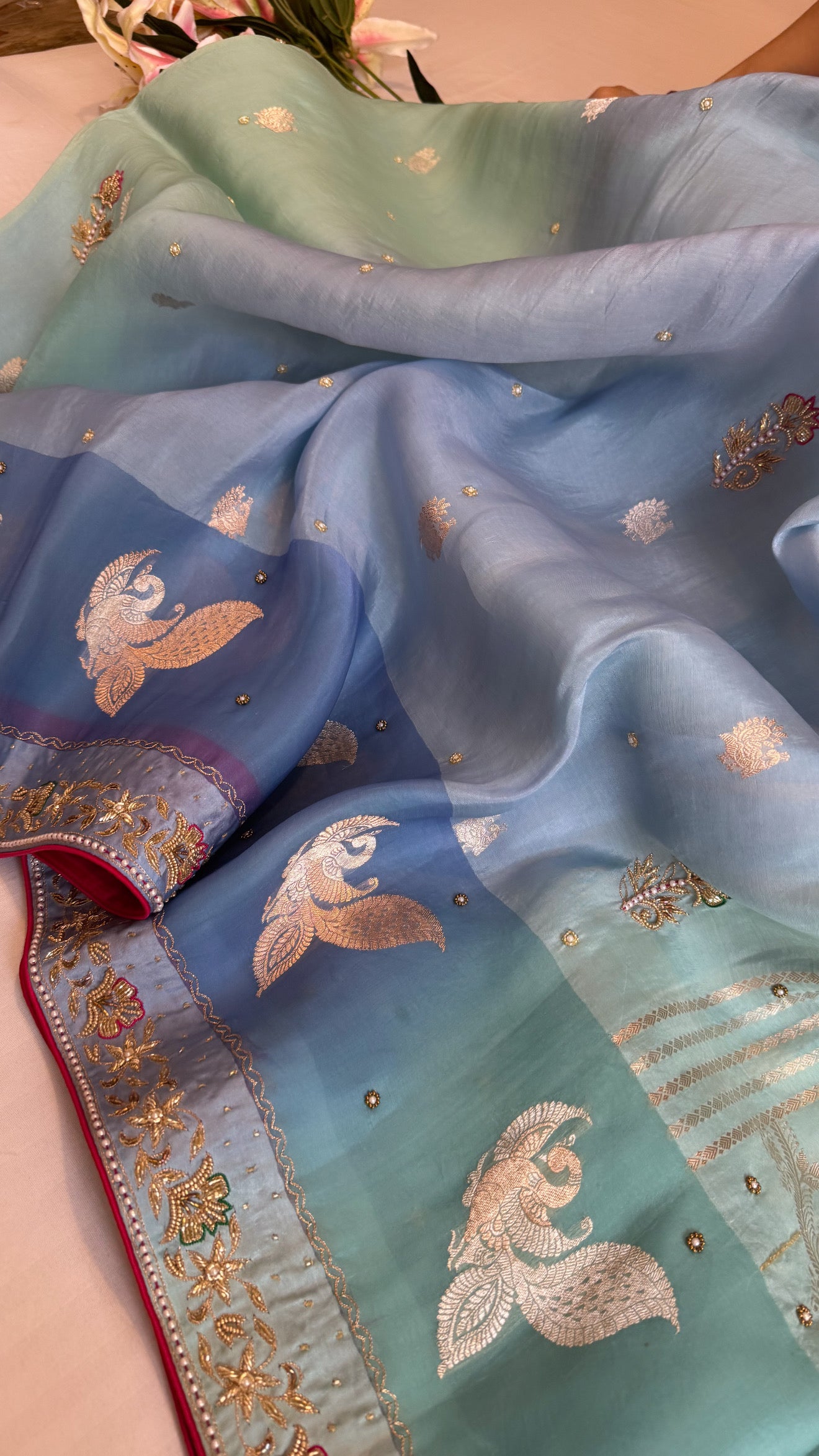 Sufi night edit - Banarasi kora silk bird motif hand embroidered kadhwa shaded saree