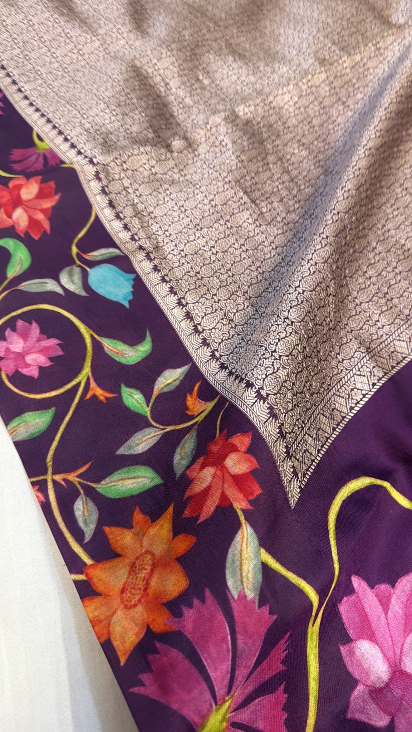 Wine banarasi brocade silk floral satin border kadhwa weaving saree