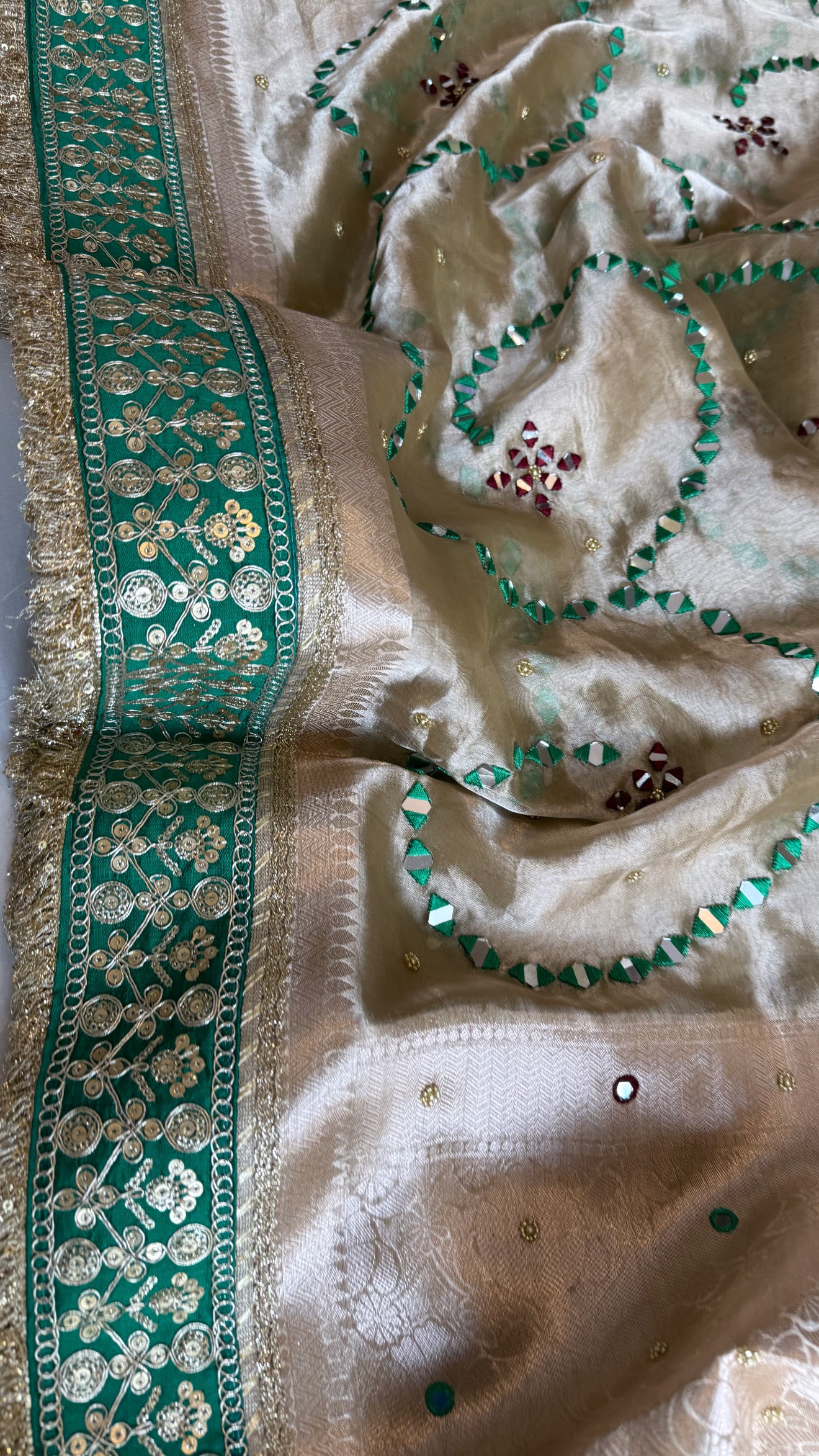 Sheesham edit - Heavy double tissue silk mirror work hand embroidered saree