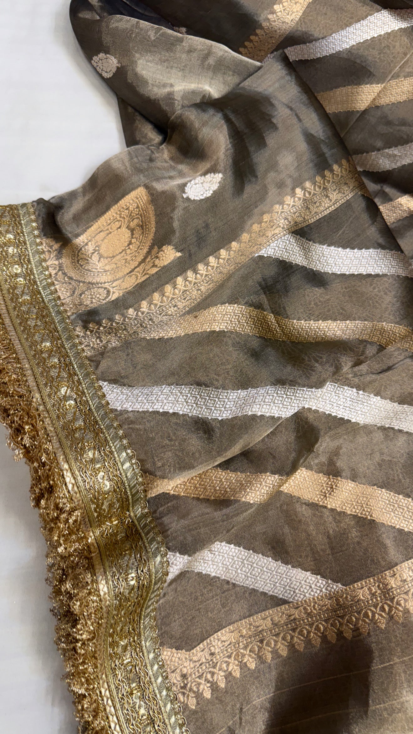 Maharani english grey tissue silk kohniya buti kadhwa saree