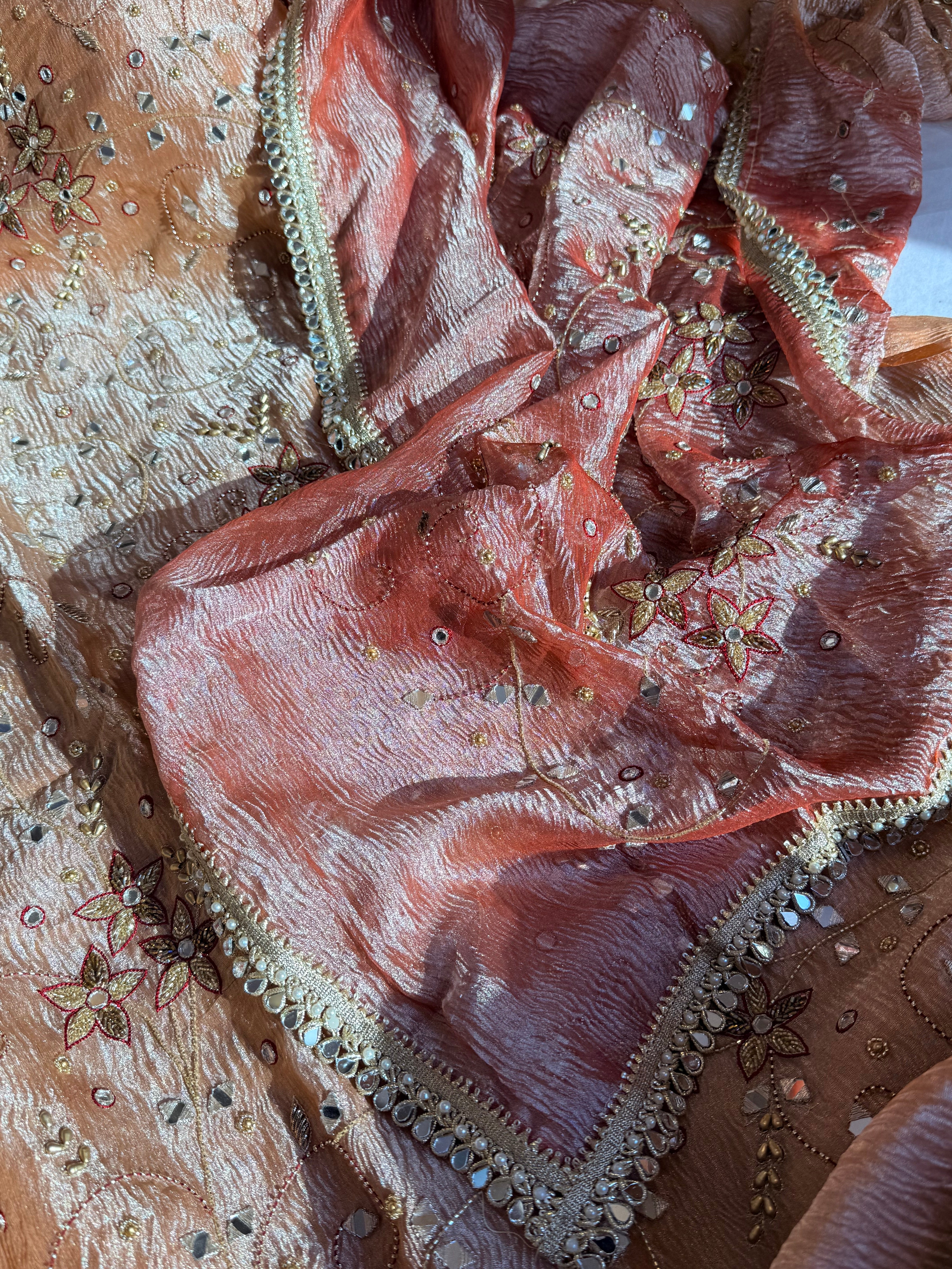 Banarasi tissue silk mirrorwork hand embroidered crushed suit sets