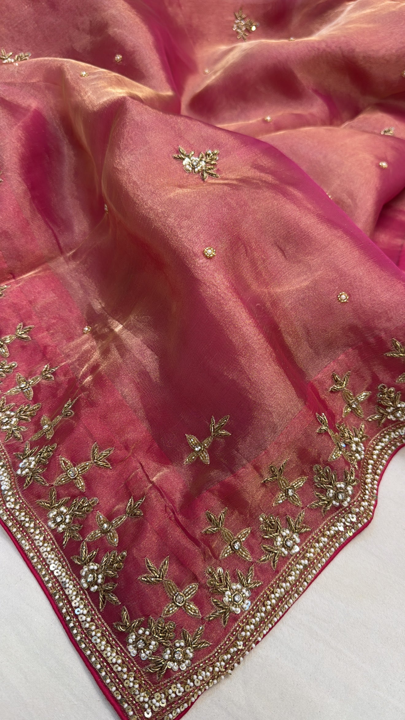Cranberry rani pink husn tissue silk hand embroidered saree