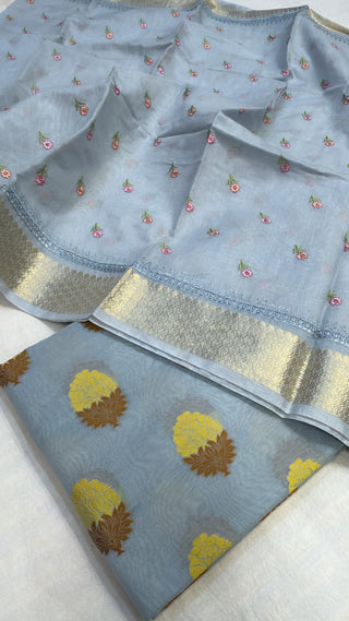 Sage blue mul cotton meenakari kadhwa banarasi suit set