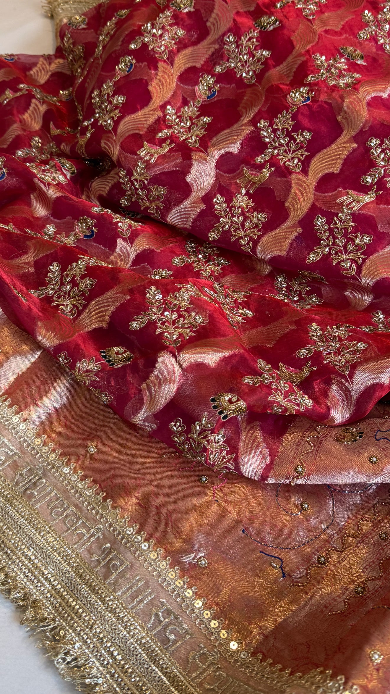 Nayi suhagan edit - Cranberry blood red tissue silk zardozi and marodi work hand embroidered jaal work saree
