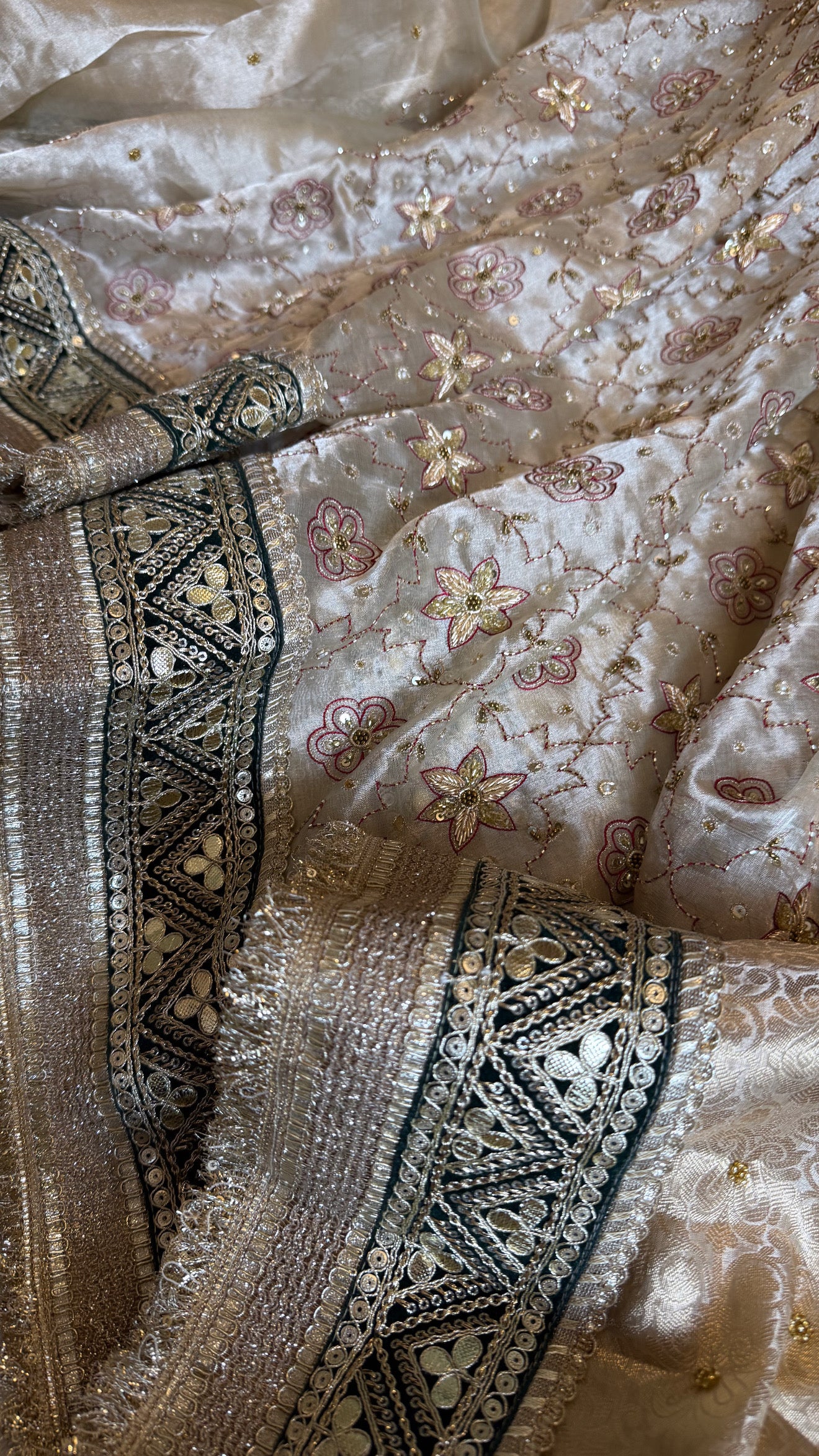 Kutchi inspired tissue silk hand embroidered heavy meenakari gharchola design saree