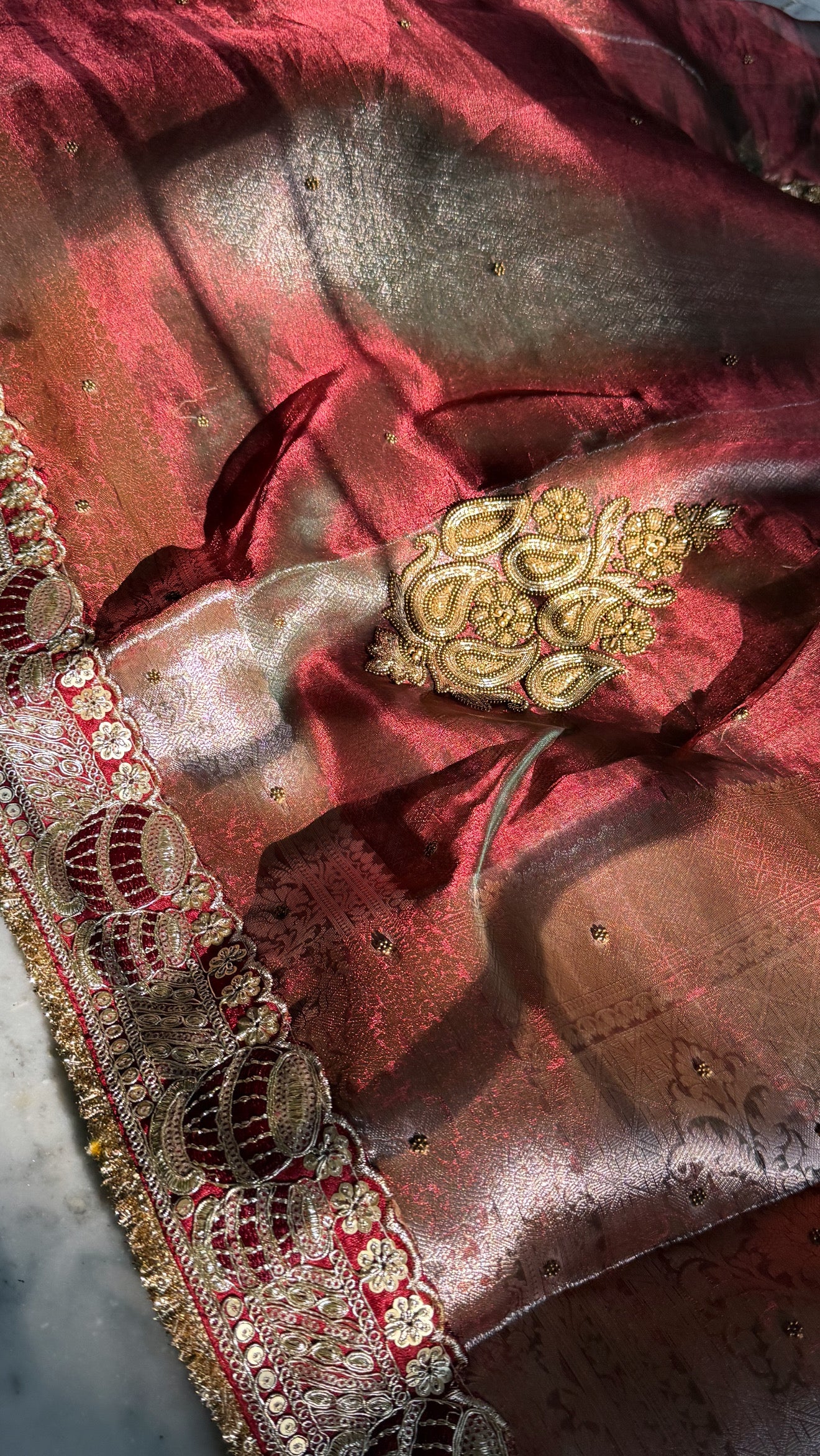 Teej special - Maroonish dhup chao red tissue silk hand embroidered kadhwa saree