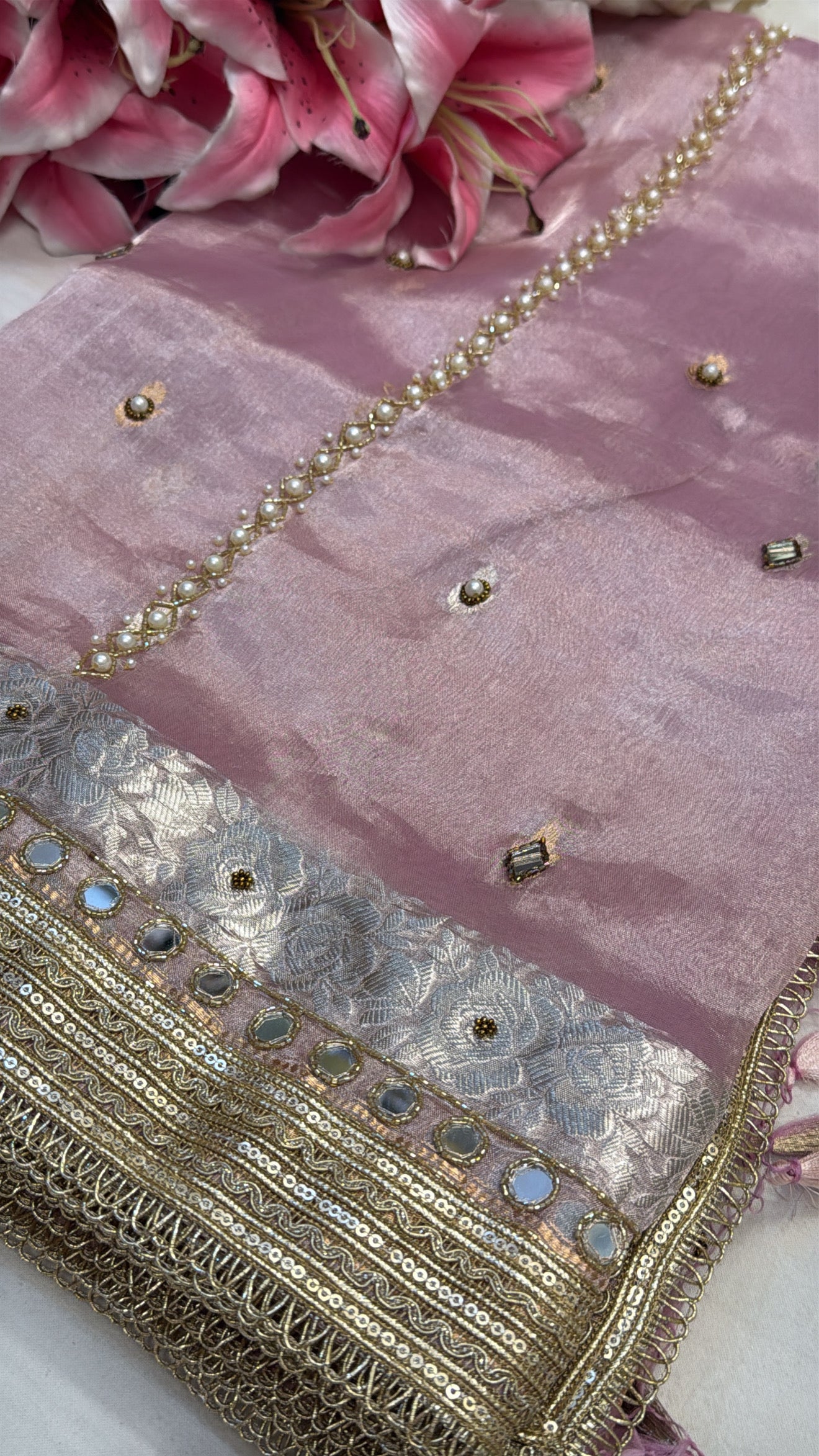 Blush pink husn tissue silk hand embroidered kadhwa saree