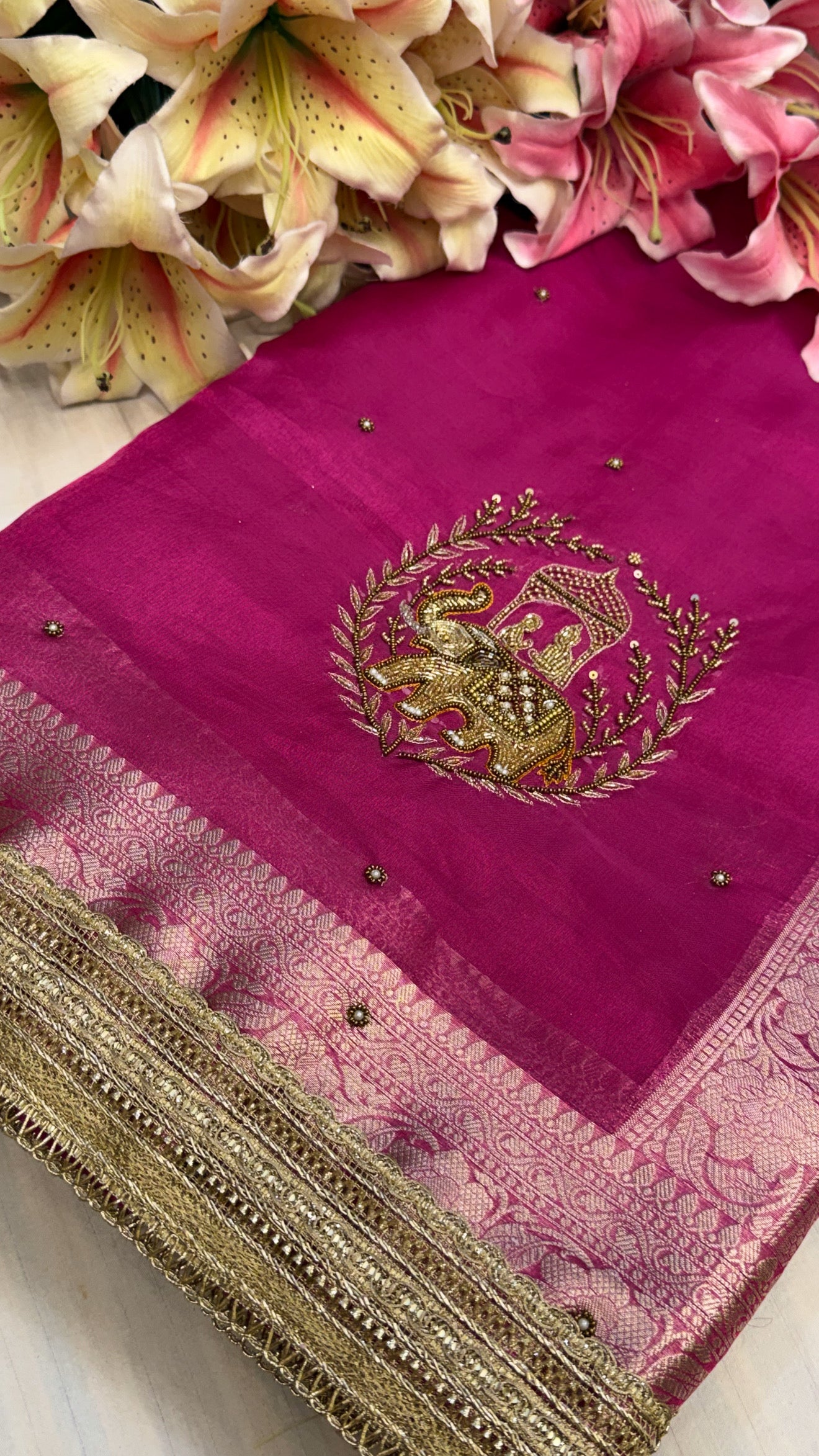 Karwachauth special - Hot pink tissue silk elephant motif hand embroidered kadhwa saree