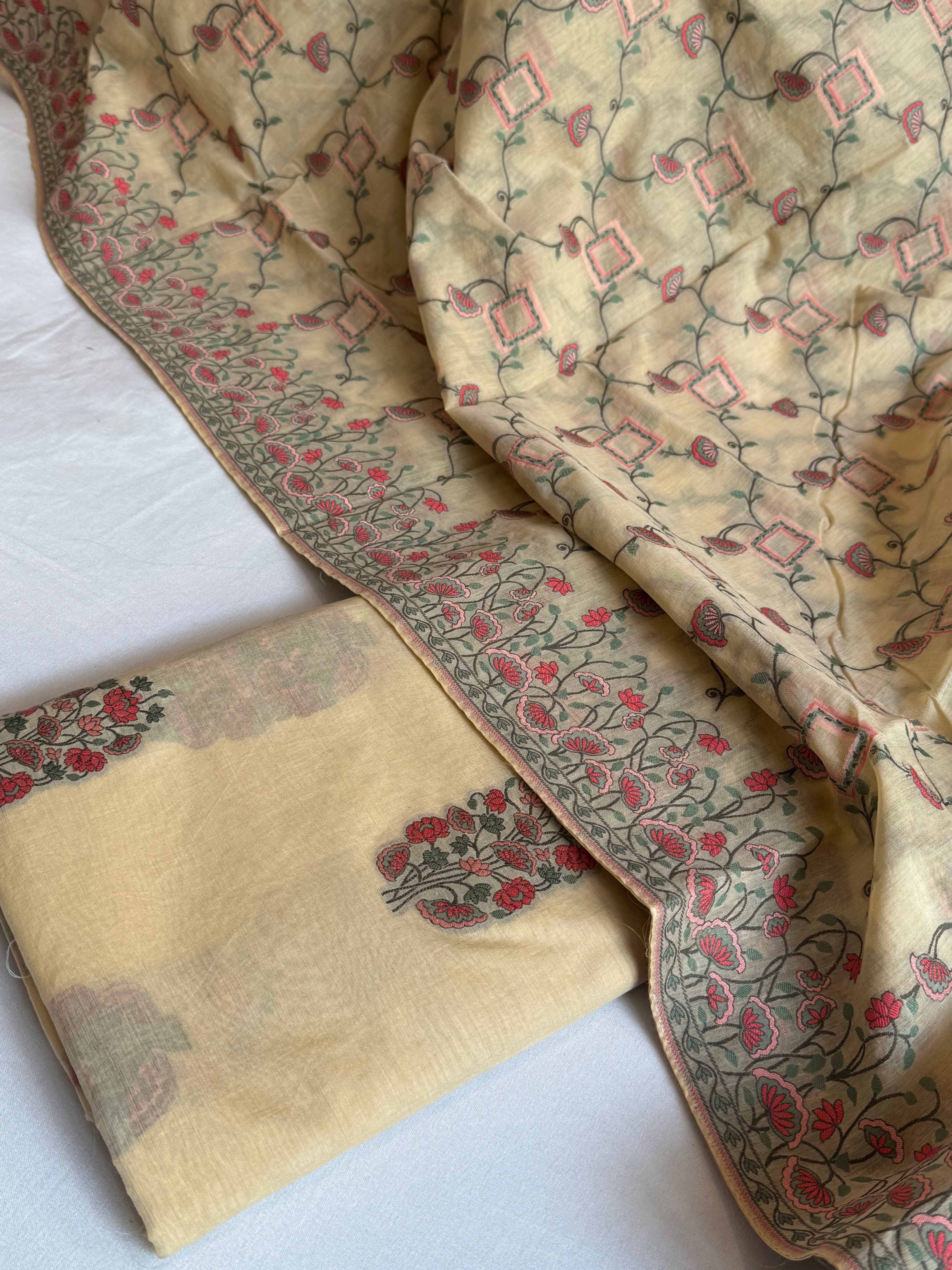 Ivory banarasi cotton resham meenakari kadhwa suit set