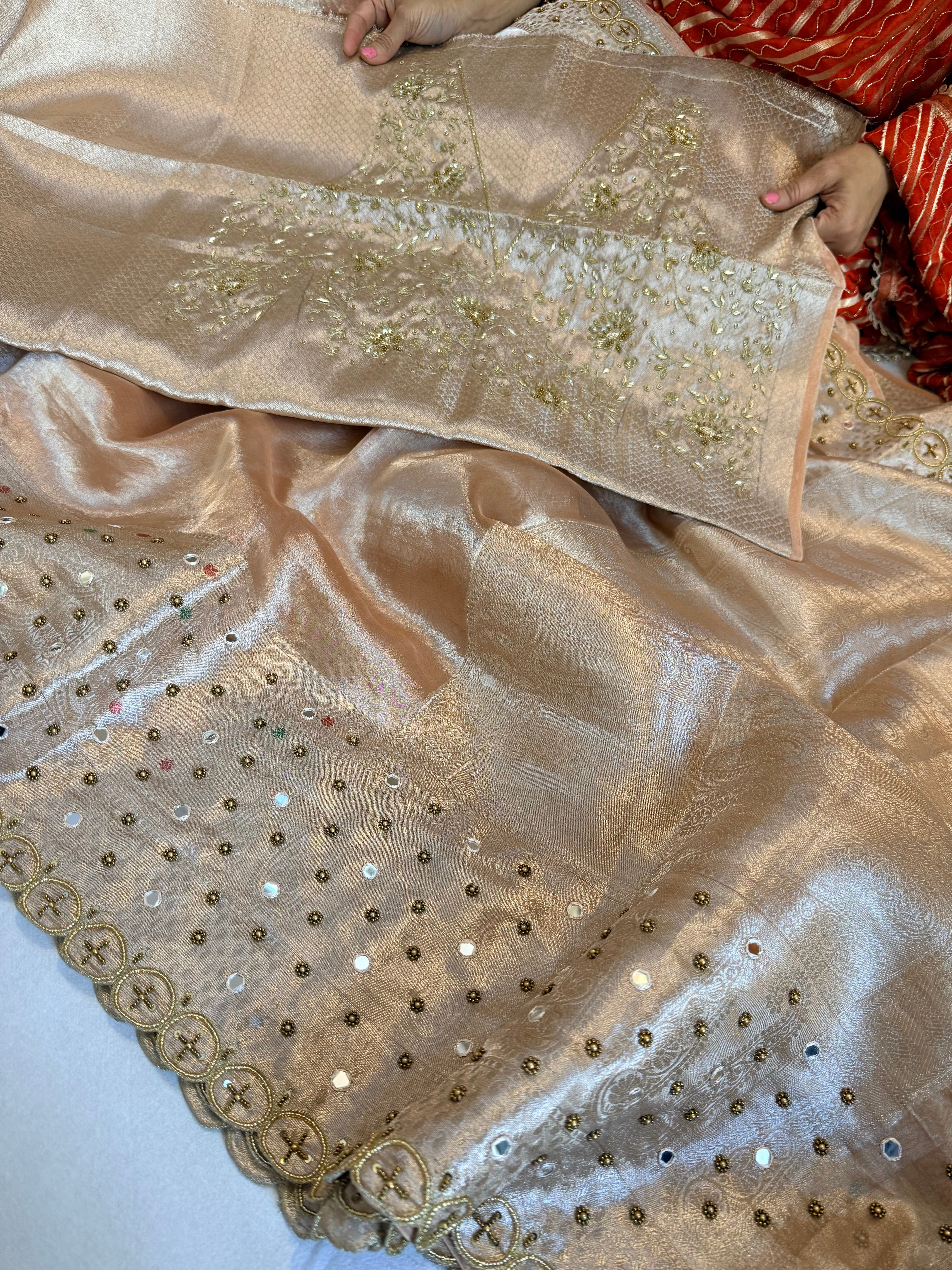 Onion peach husn tissue silk hand embroidered kadhwa saree with heavy blouse