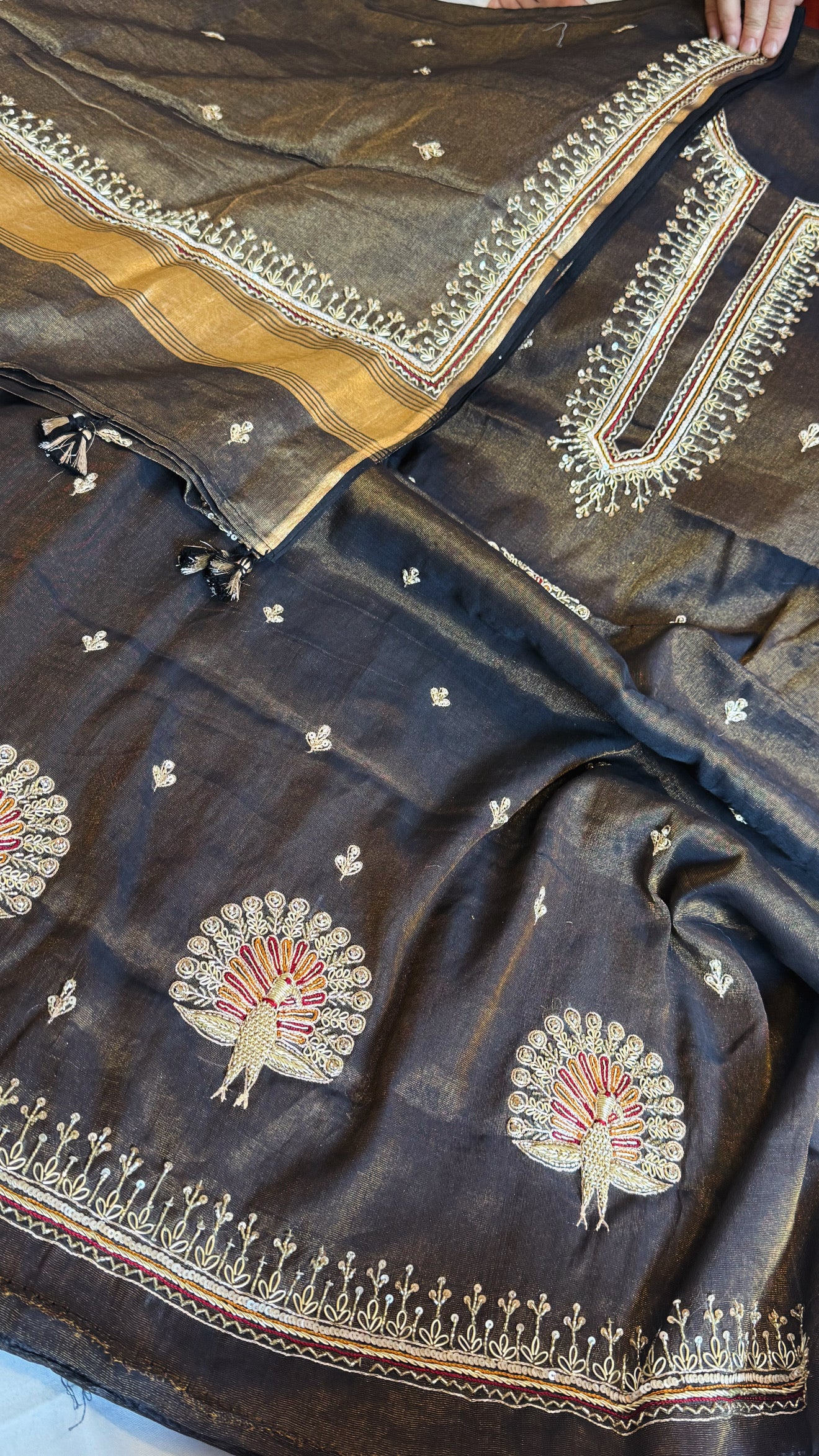 Metallic black mul cotton tissue silk hand embroidered kadhwa suit sets