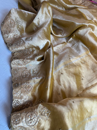 Husn soft golden tissue silk heavy zardozi hand embroidered saree