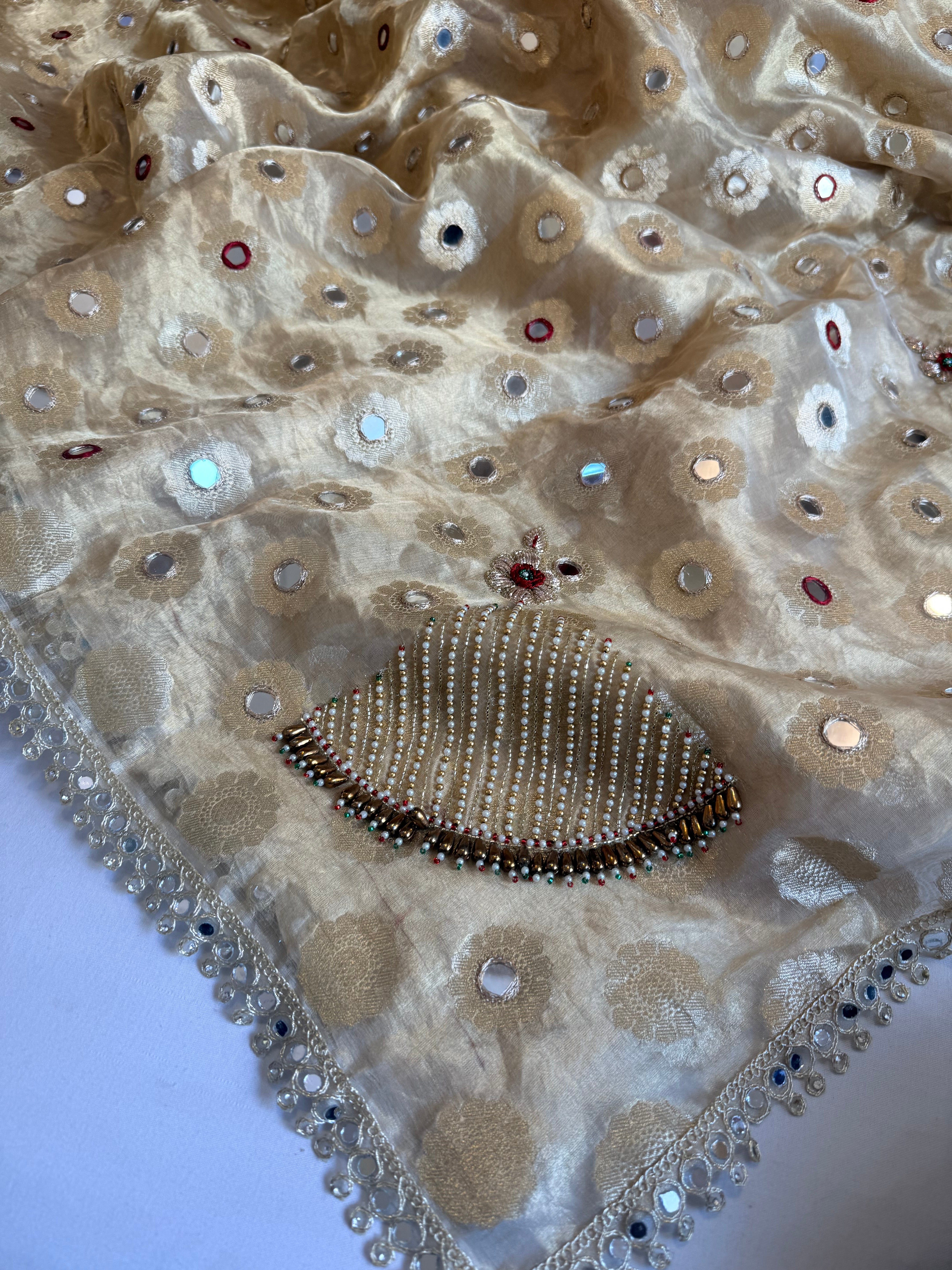 Butter gold tissue silk hand embroidered mirror work kadhwa saree