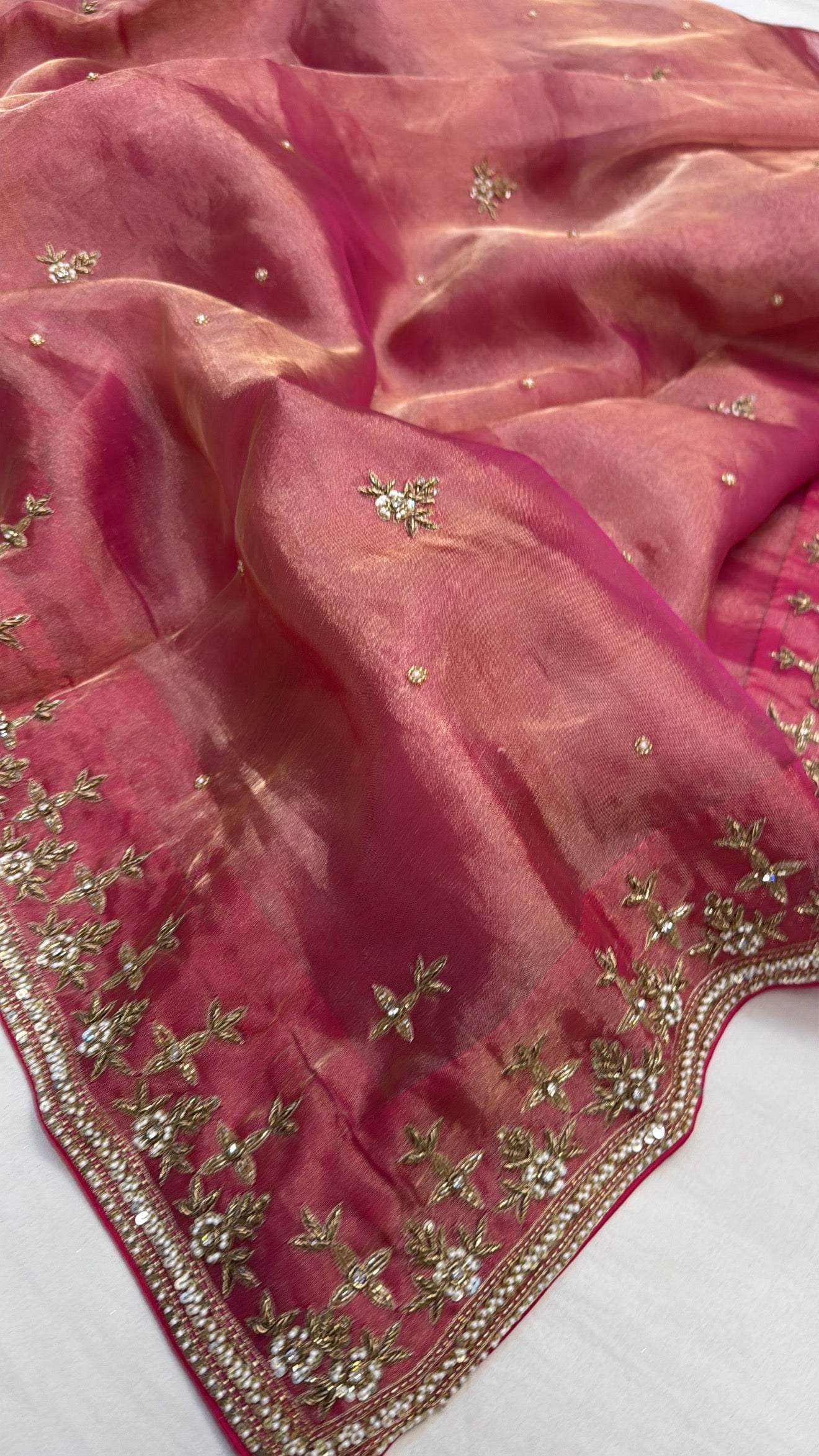 Cranberry rani pink husn tissue silk hand embroidered saree