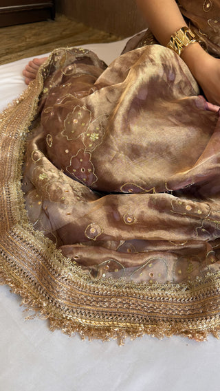Printed tissue silk kadhwa hand embroidered gotapatti saree