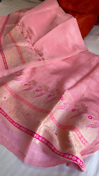 Gulabi pink linen gorgette meenedar daman kadhwa suit set