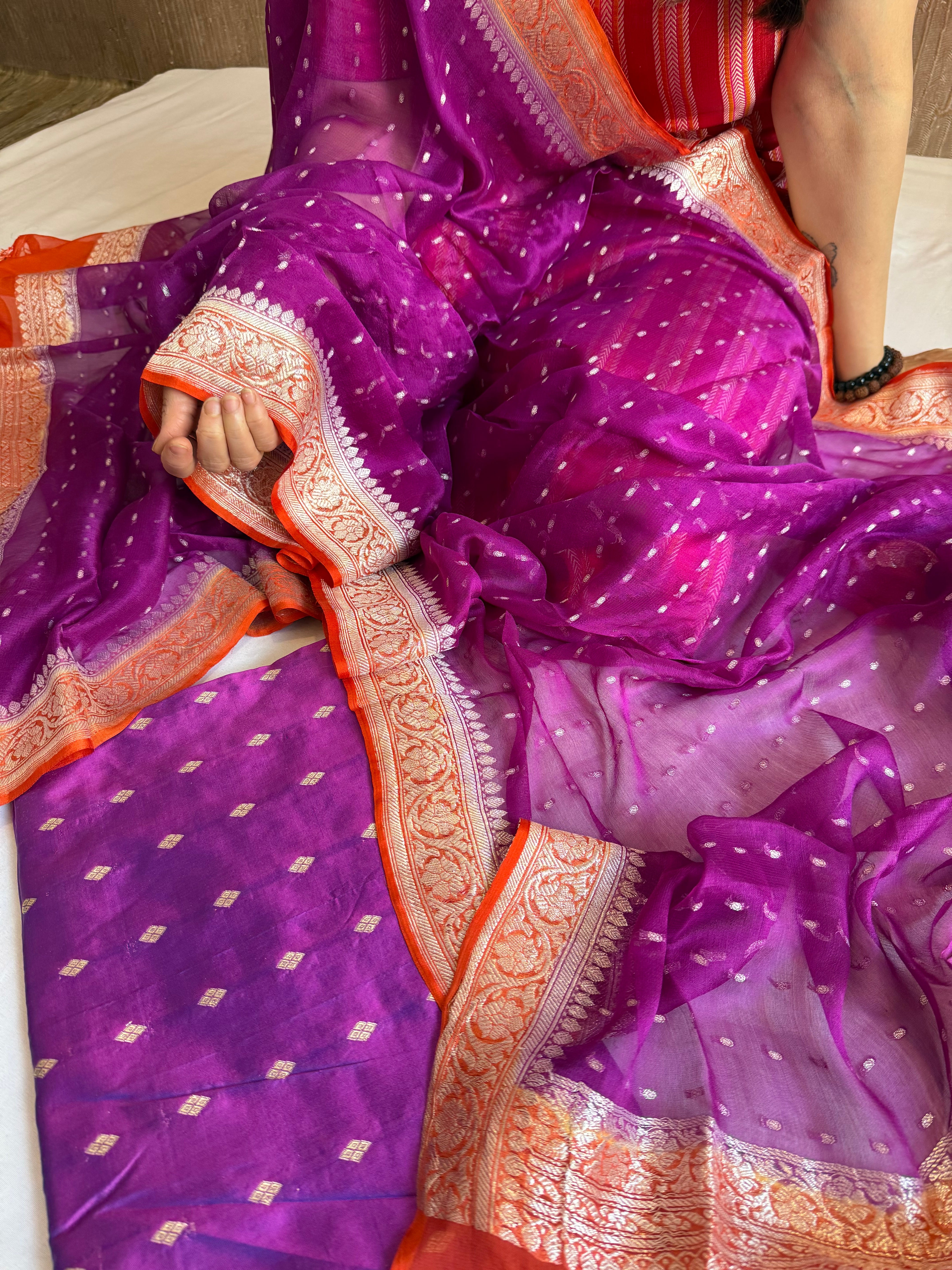 Magenta purple-fanta orange katan silk kadhwa buti kurta paired with chiffon gorgette chap dye duppata set