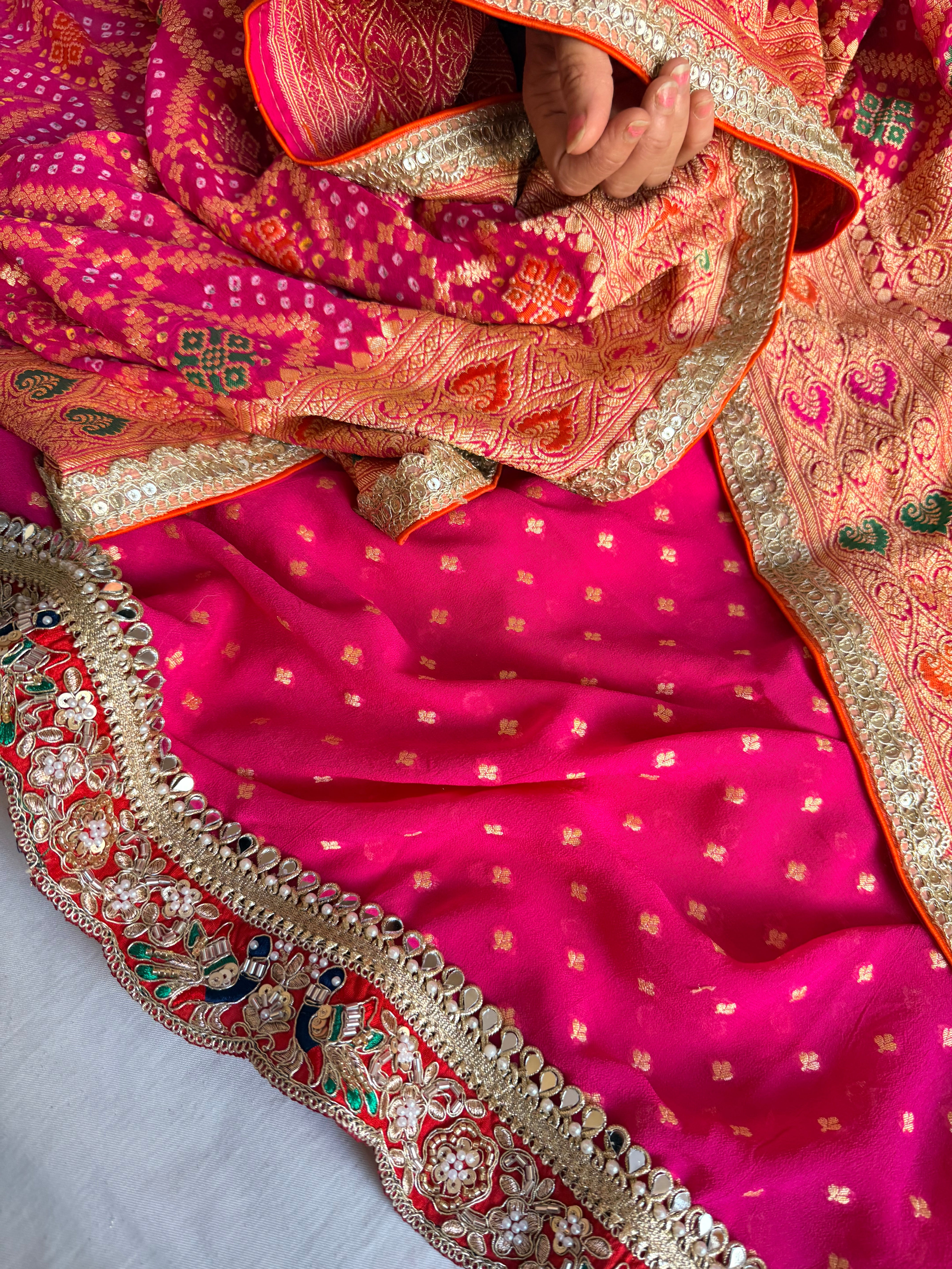 Rai bandhej rani pink banarasi chiffon gorgette gotapatti suits