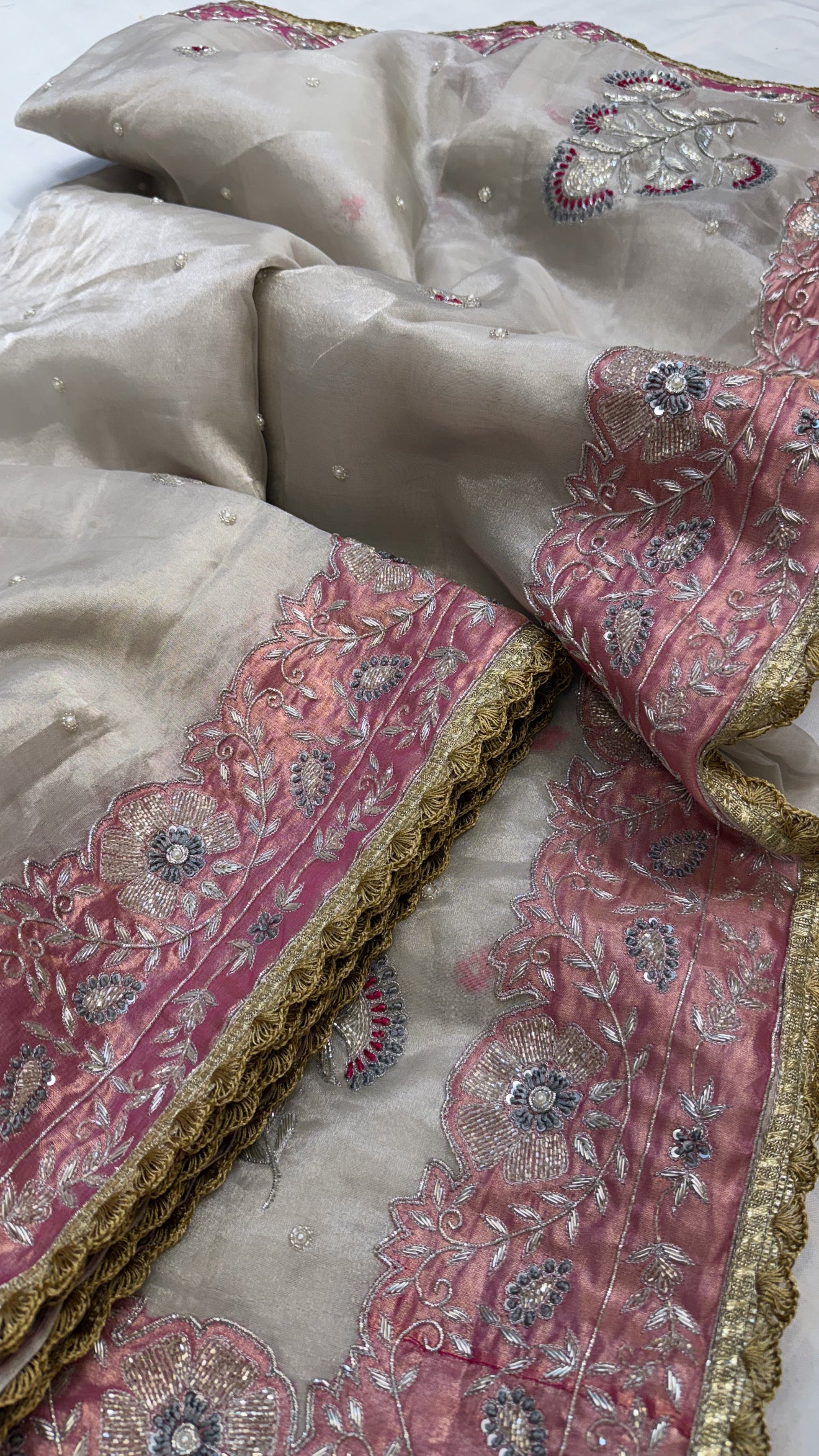 Banarasi heavy zardozi border husn tissue silk hand embroidered saree