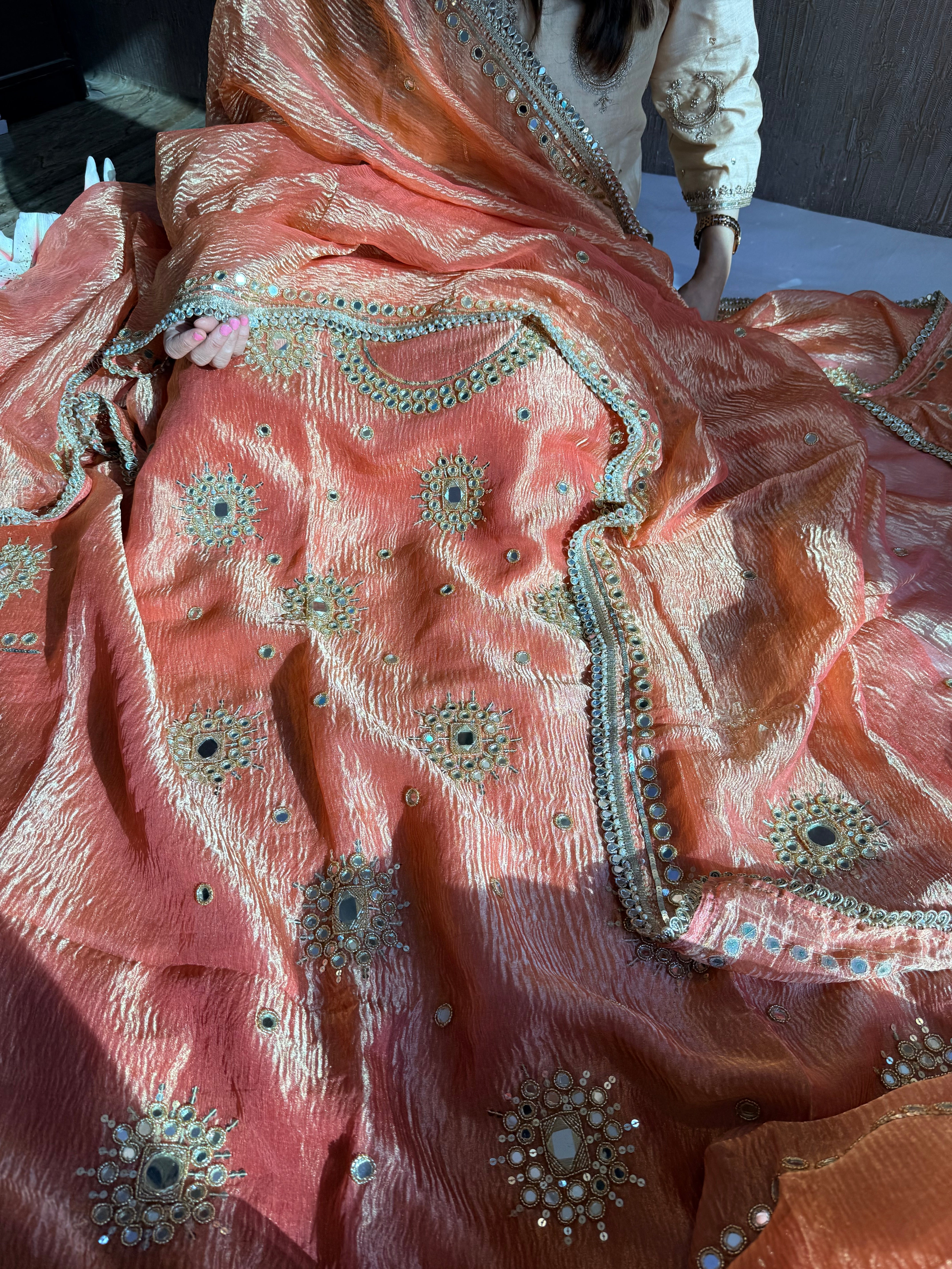 Banarasi tissue silk mirrorwork hand embroidered crushed suit sets