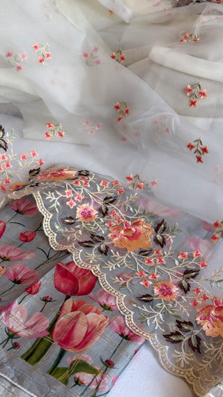 Printed moonga silk resham hand embroidered kadhwa meenakari suit set