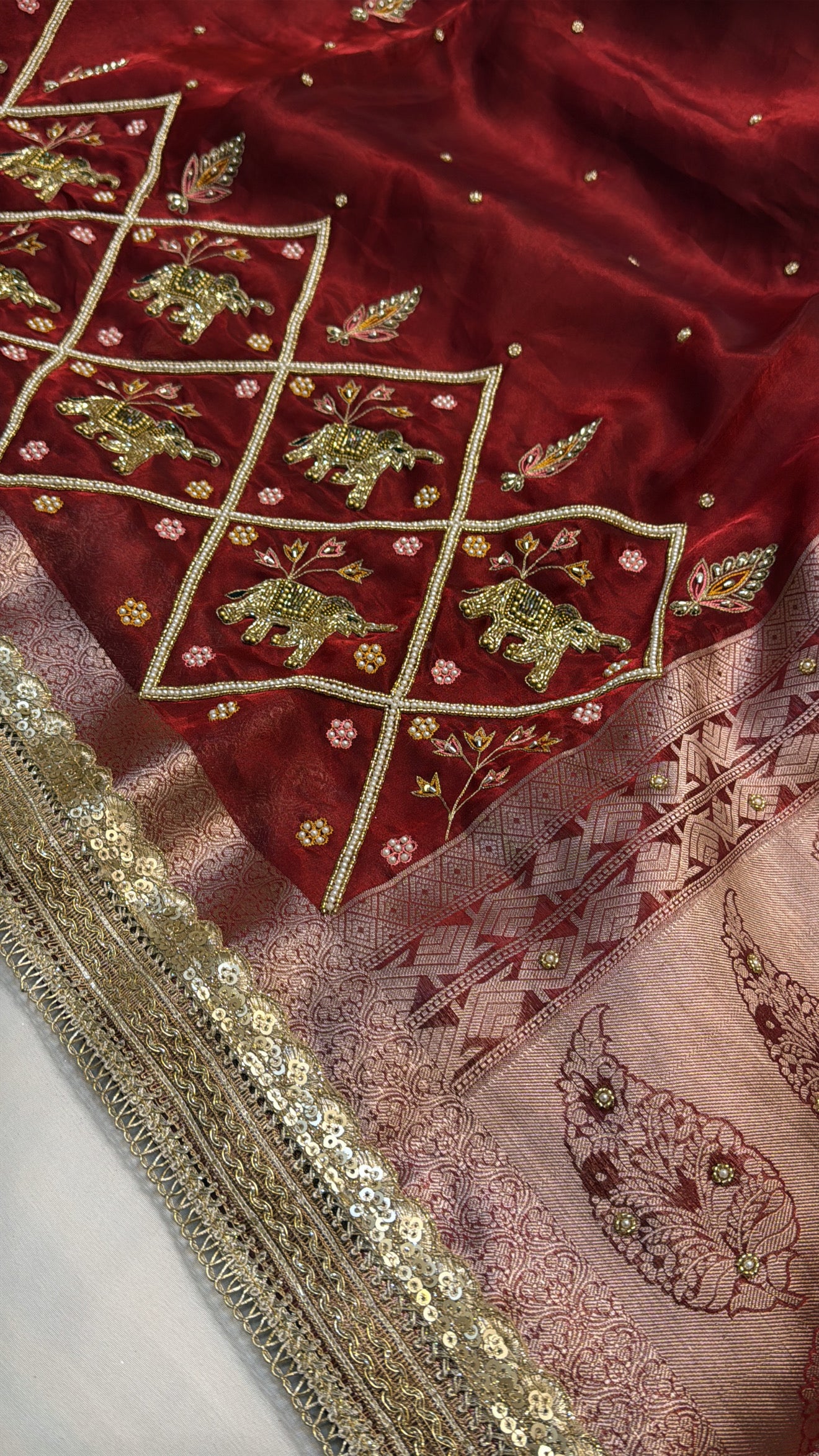 Dulhan ka joda husn red tissue silk hand embroidered saree