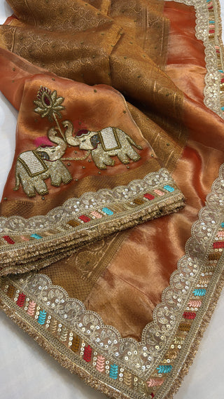 Varmala wali saree - Rust red elephant motif heavy tissue silk hand embroidered saree