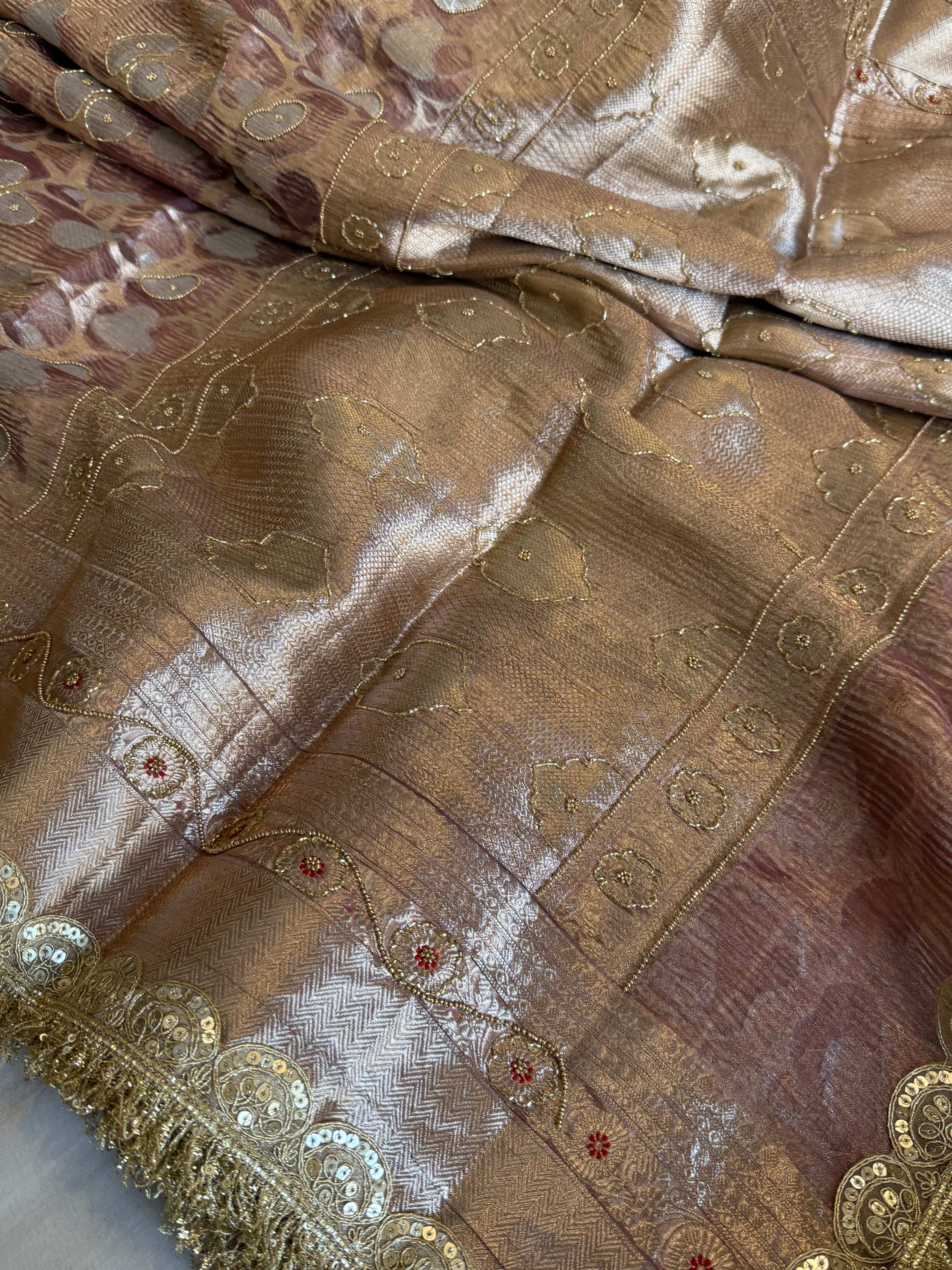 Mehfil sona rupa crushed tissue silk hand embroidered kadhwa saree