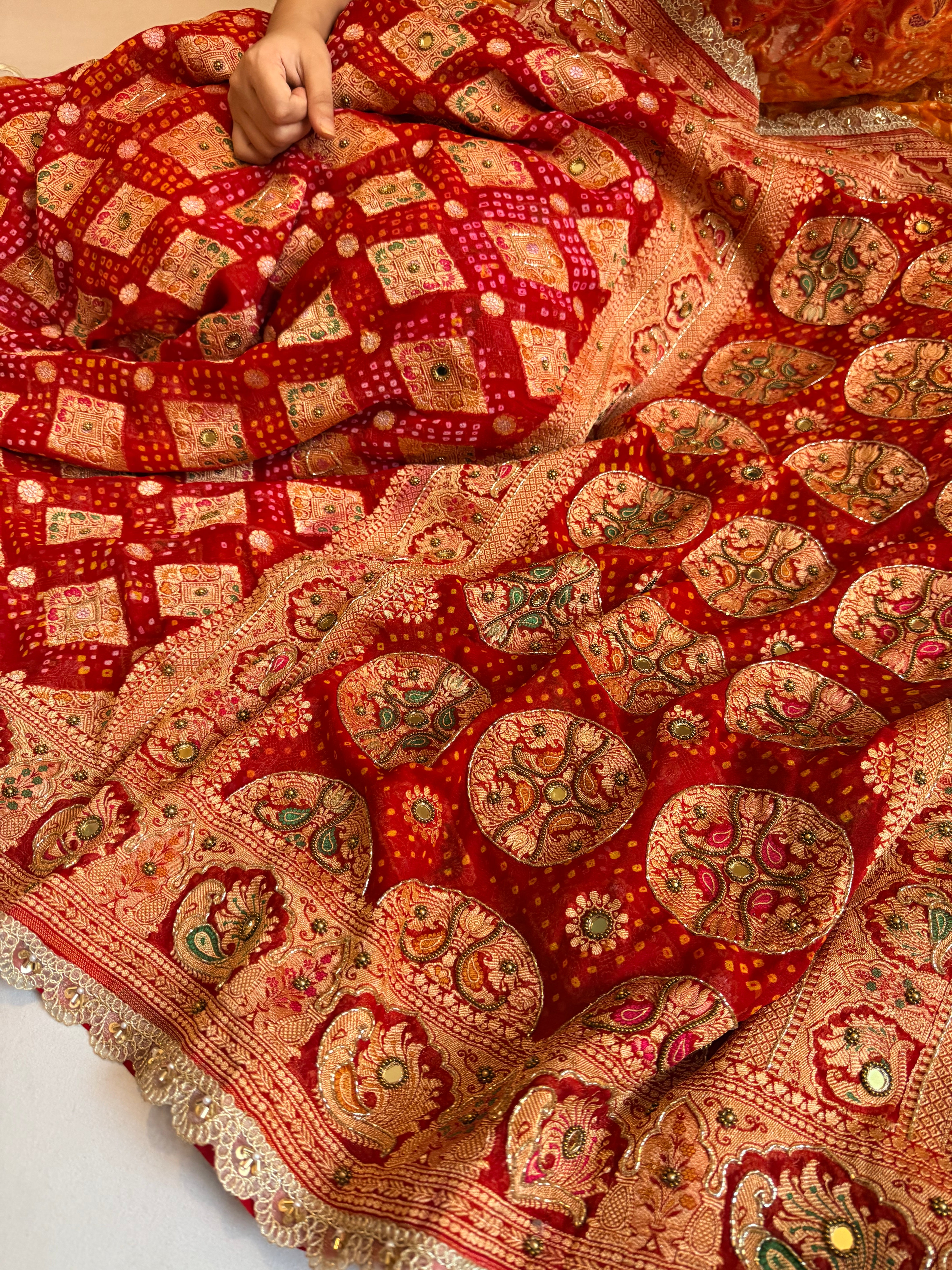 Bandhej saree ka sandook - Deep red shaded chiffon gorgette banarasi bandhej saree