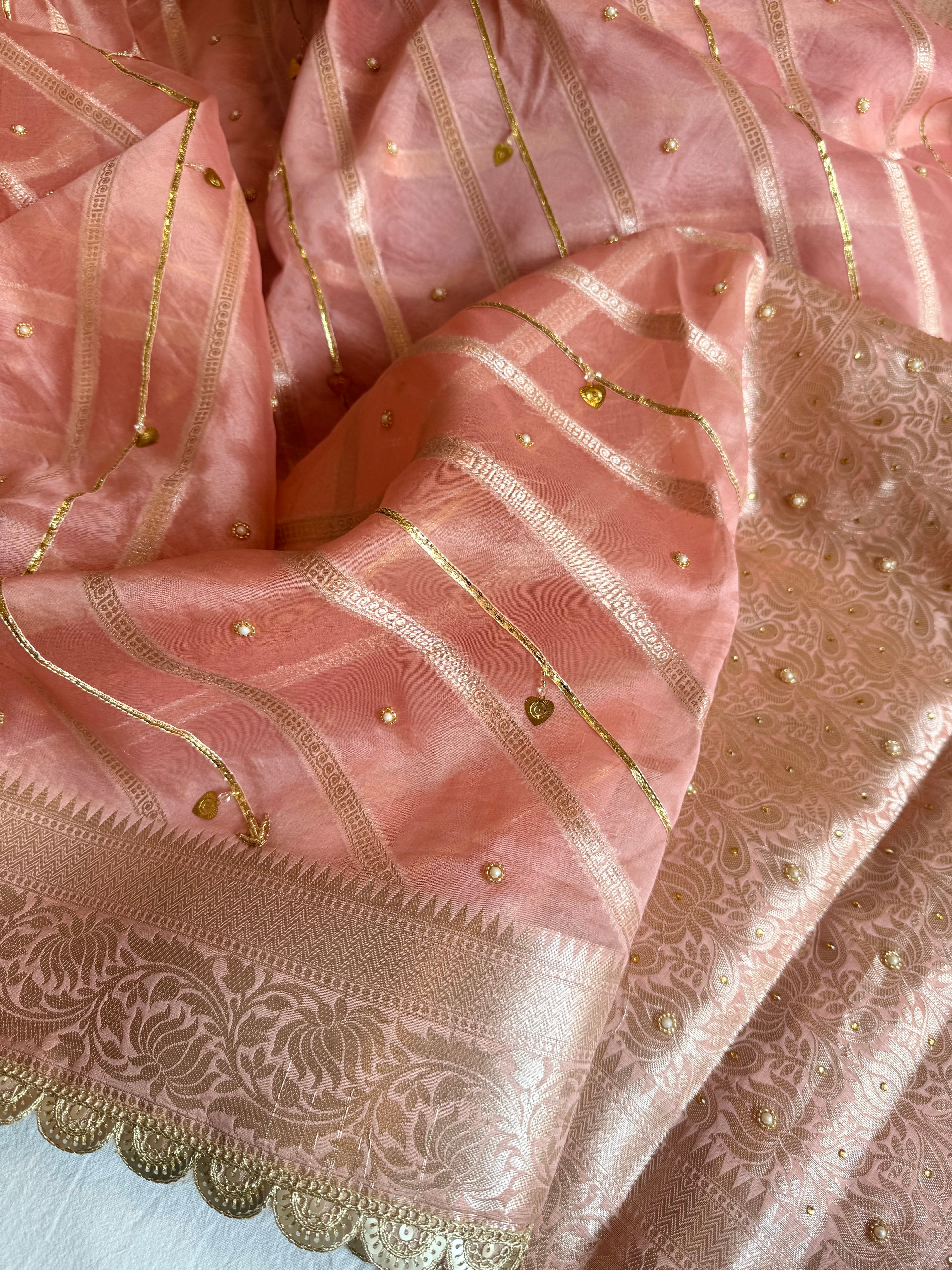 Kora silk kadhwa striped gotapatti work hand embroidered saree