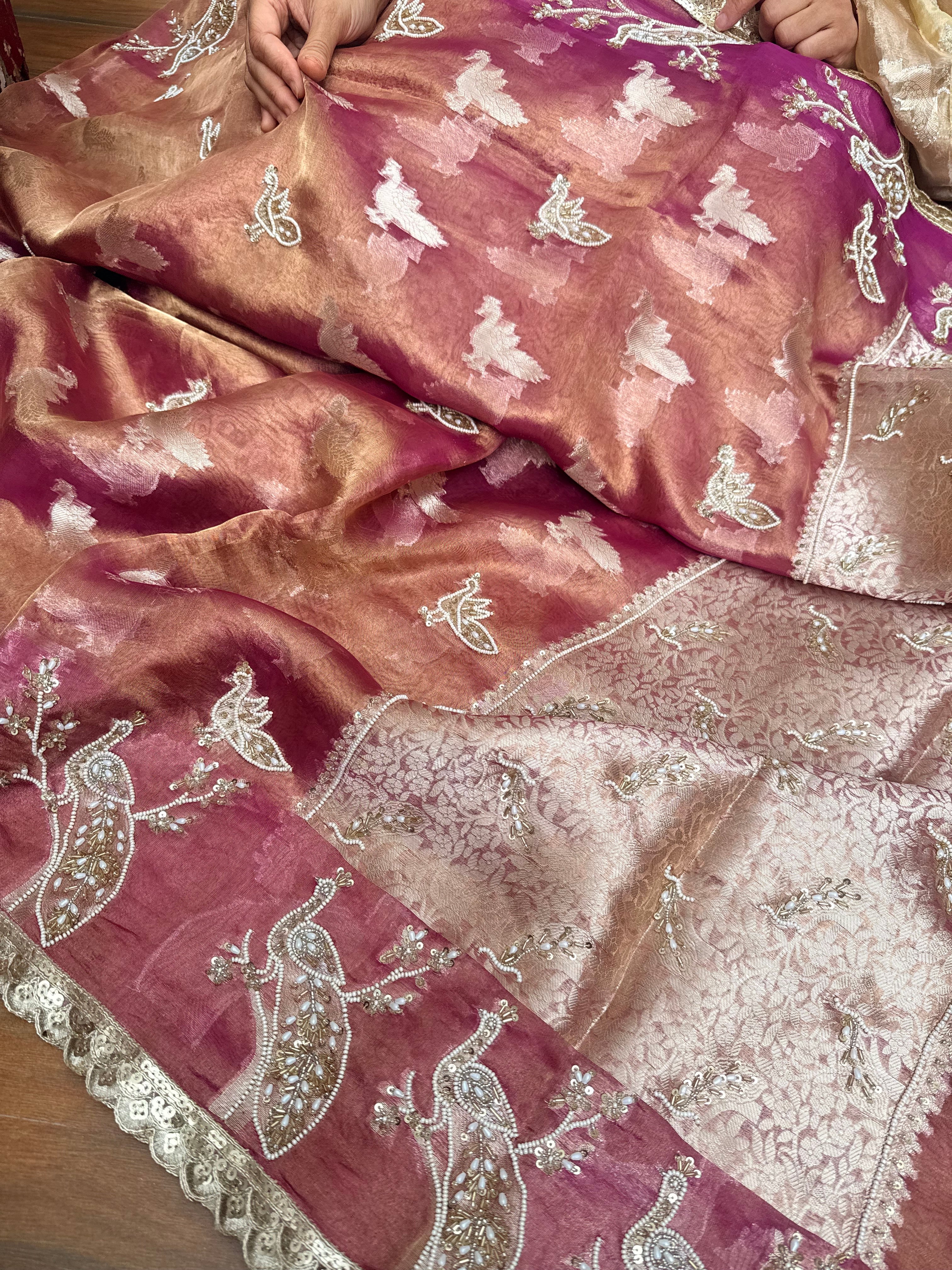 Tyohaar edit - Pearlwork morni hand embroidered tissue silk kadhwa saree