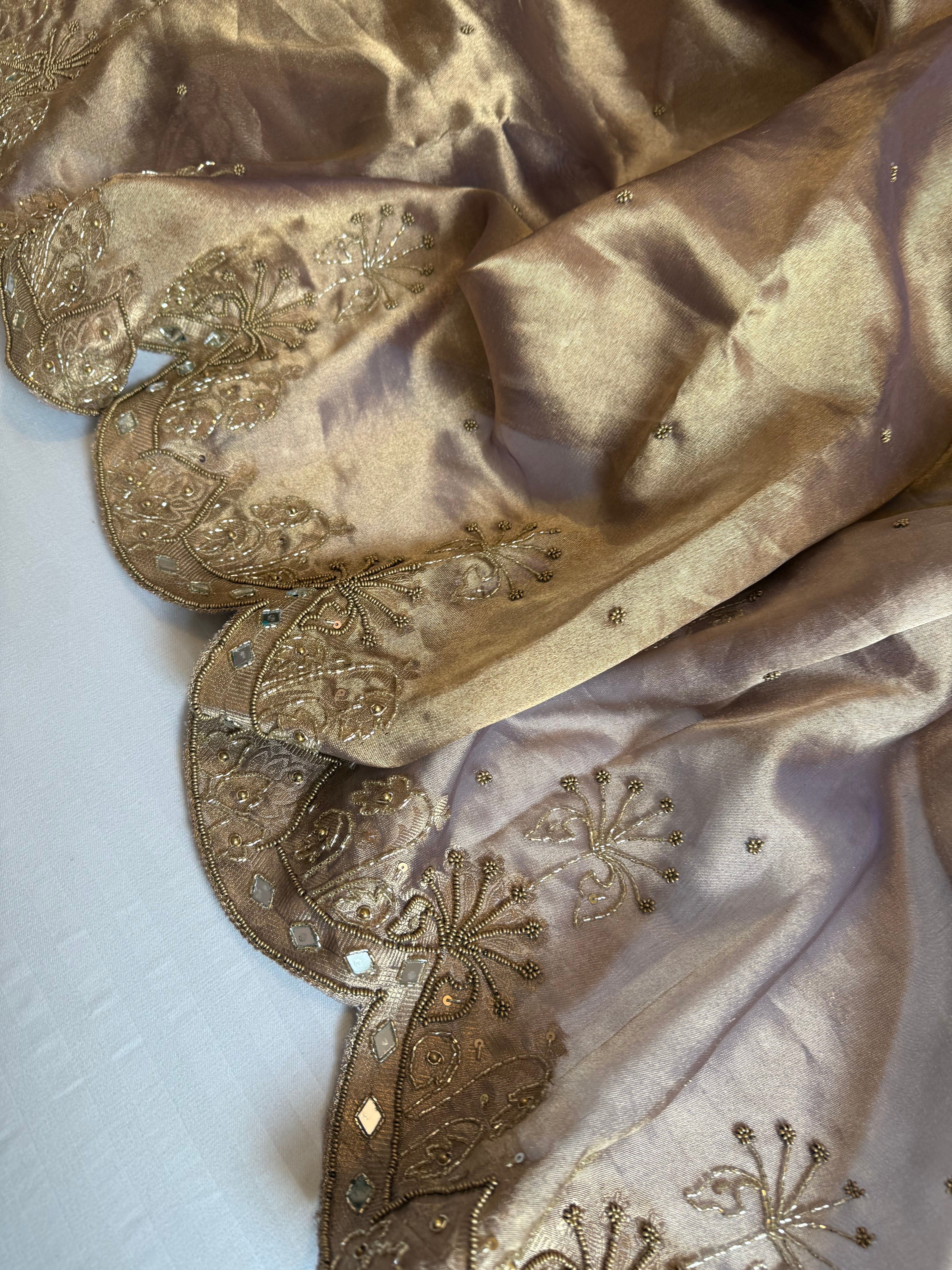 Husn soft lavender tissue silk heavy hand embroidered saree