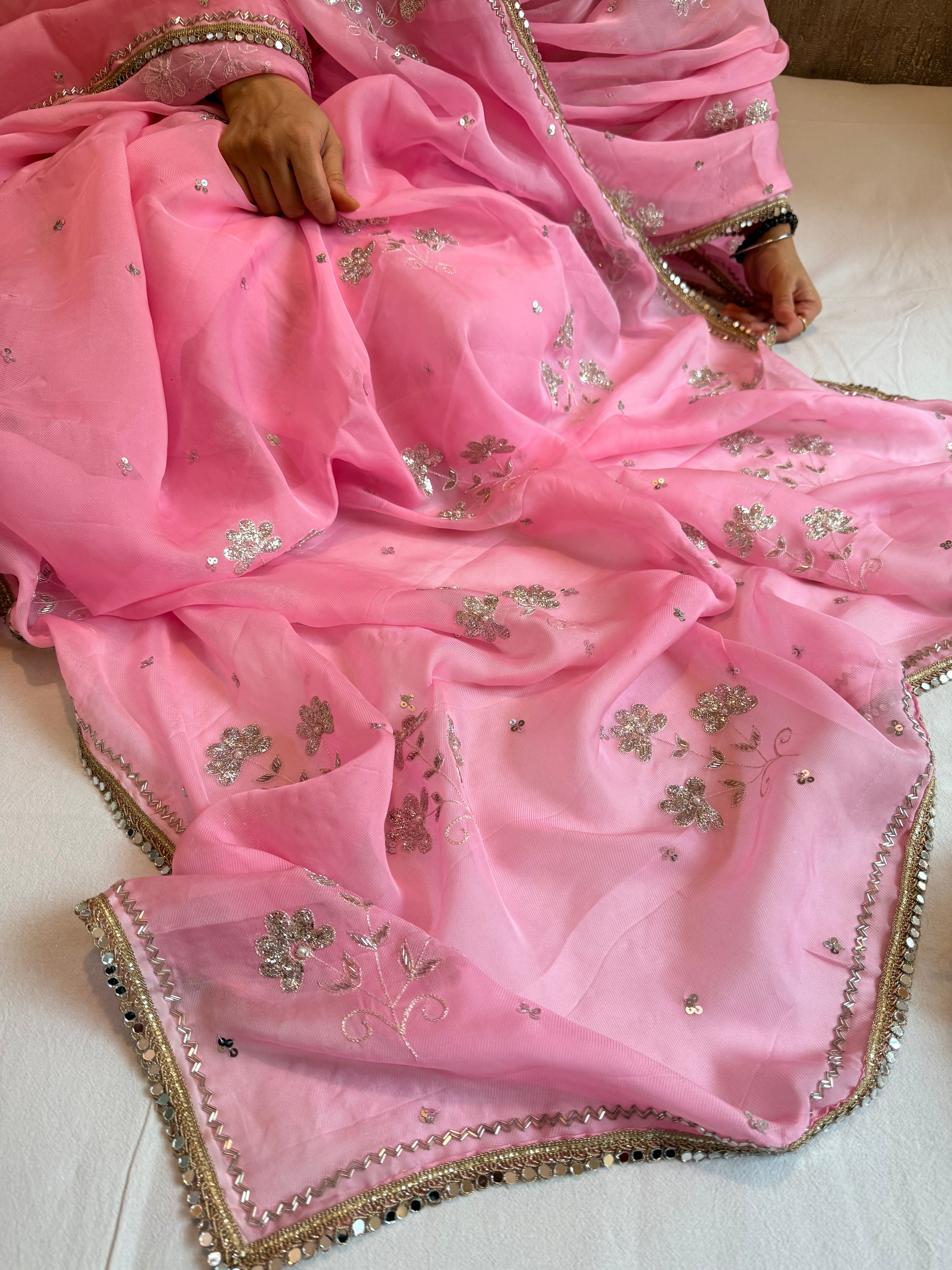 Gulab kamal chiffon kora pittawork kadhwa hand embroidered saree
