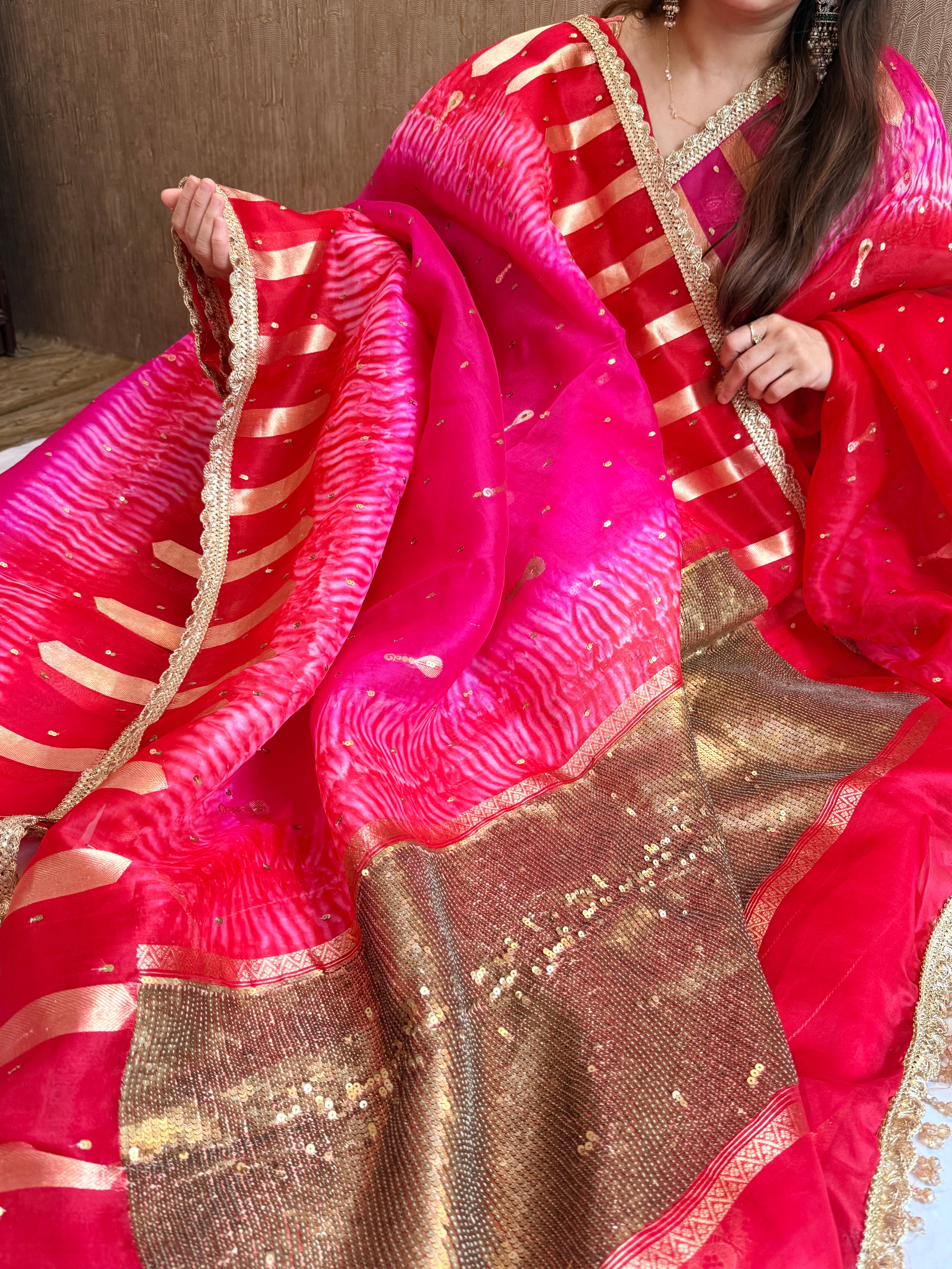 Shibori dye kora silk salma sitara work hand embroidered sequins saree