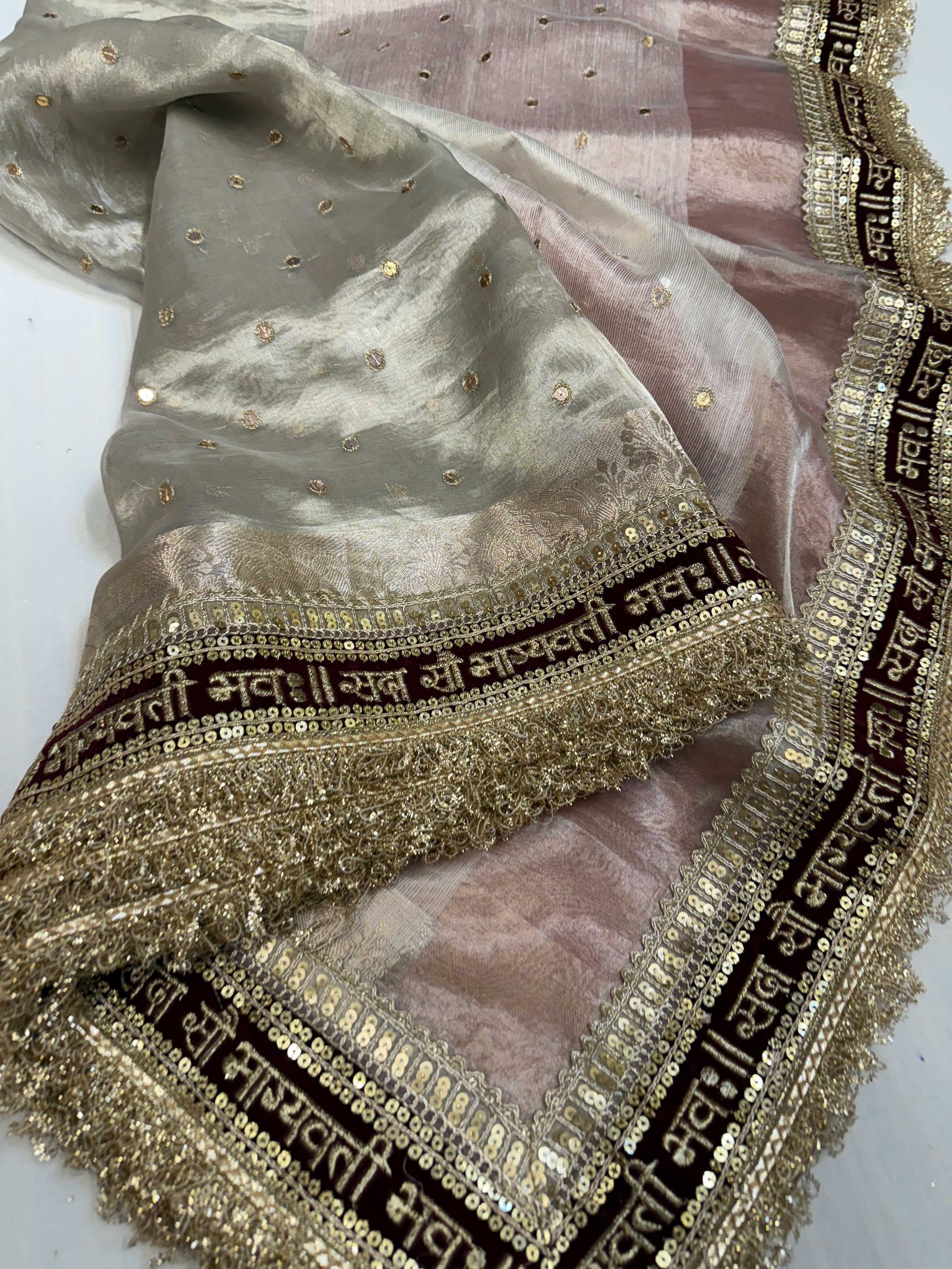 Diamond tissue silk chunri buti hand embroidered panetar saree