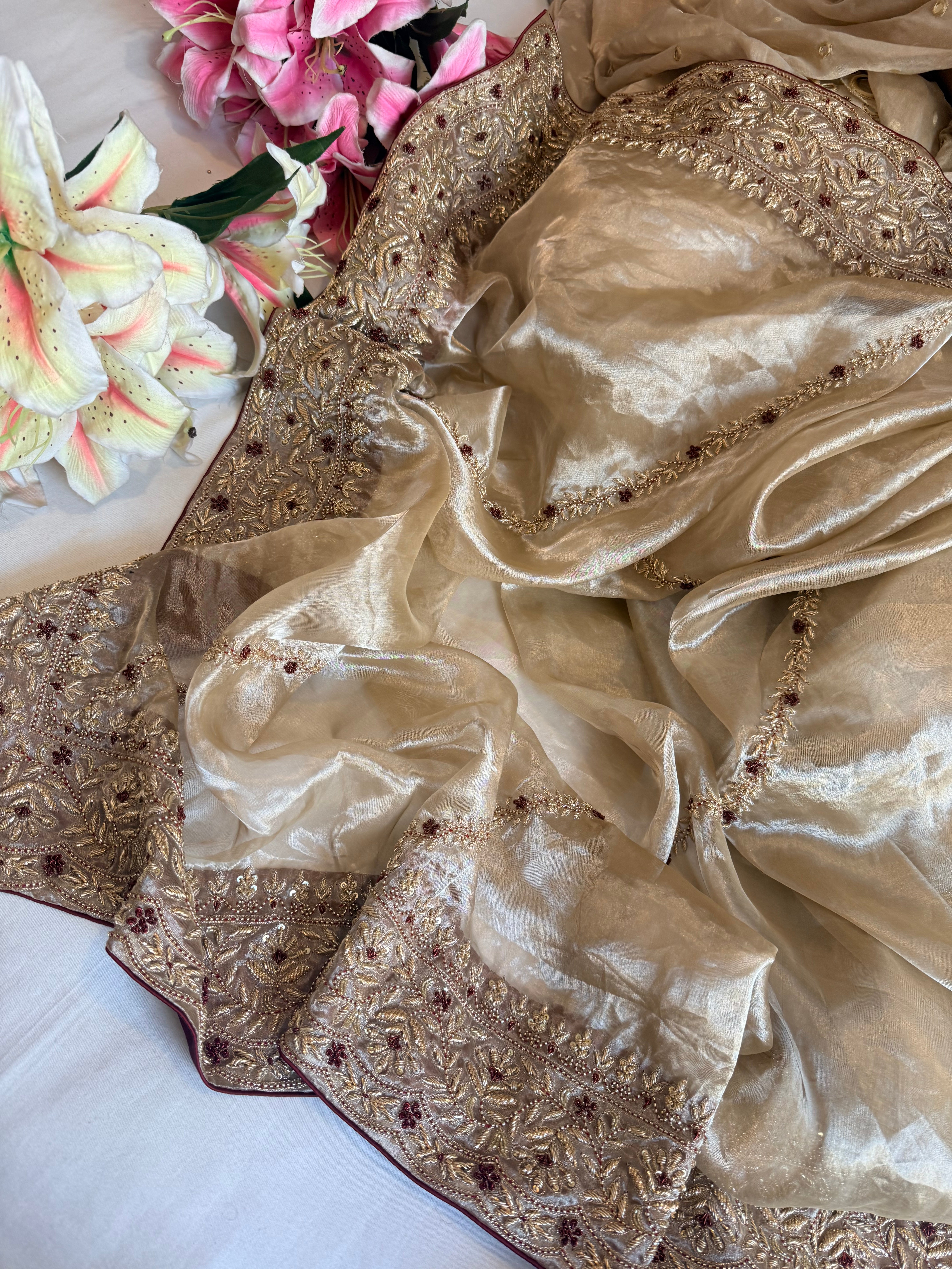 Silsila diamond tissue silk zardozi work hand embroidered kadhwa saree