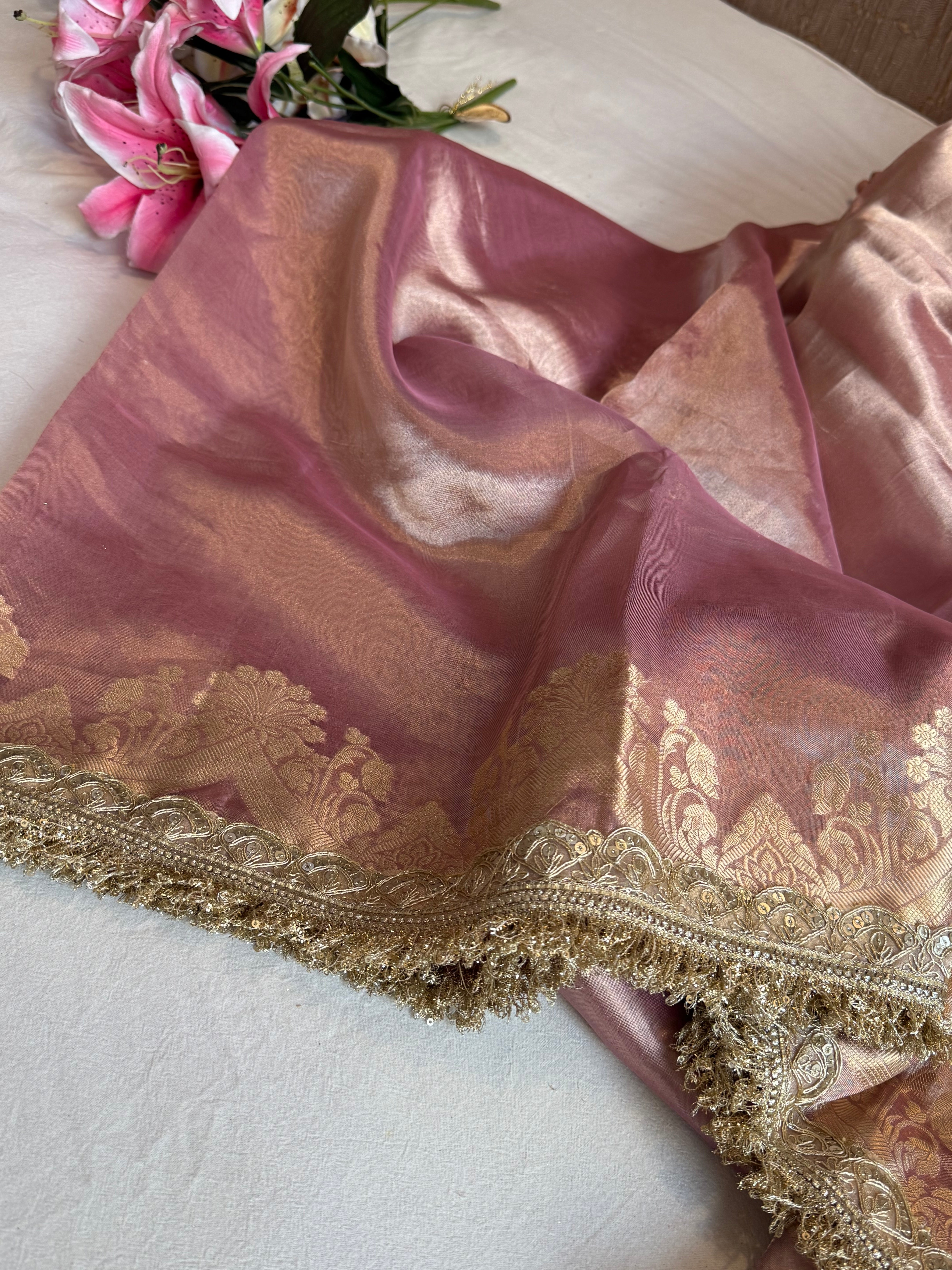 Maharani pastel blush pink tissue silk kadhwa saree