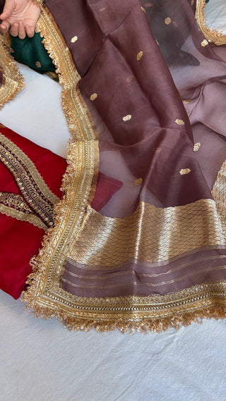 Banarasi kora silk red-lilac contrast gotapatti suit sets