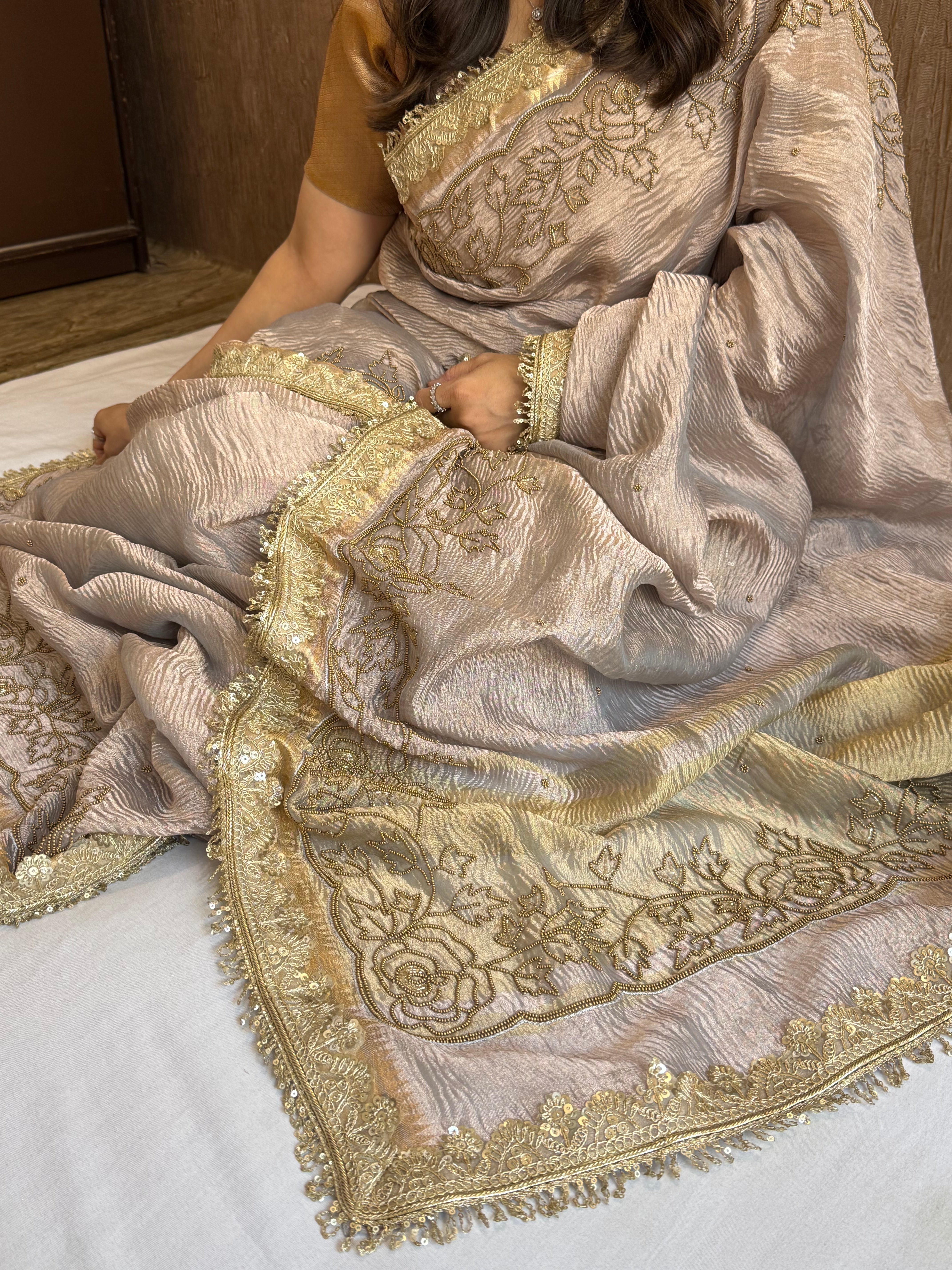 Dusty lilac husn crushed tissue silk hand embroidered kadhwa saree